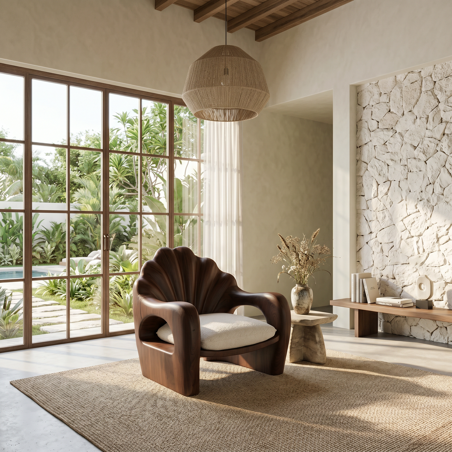 Rustic Armchair With Sculptural Solid Wood Frame For Living Room
