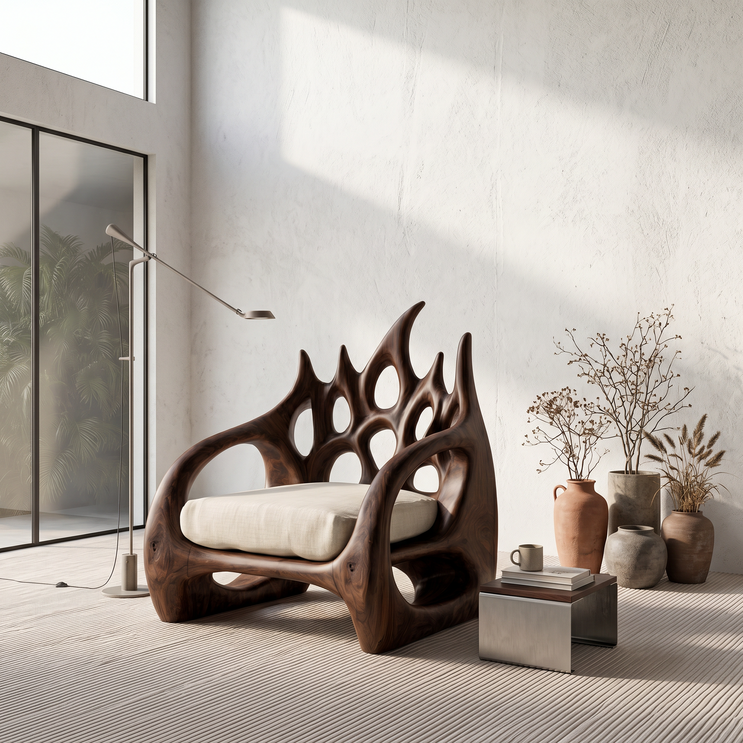 Contemporary Armchair With Organic Wood Silhouette For Living Room Decor