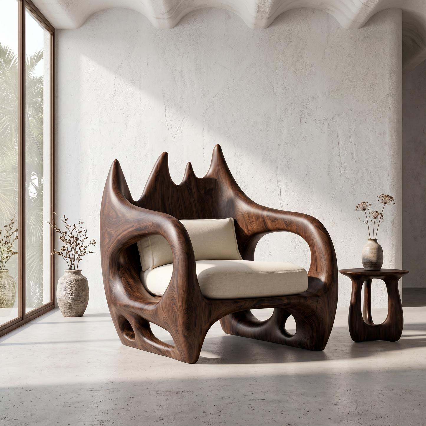 Statement Wooden Armchair With Nature Inspired Design For Reading Nook