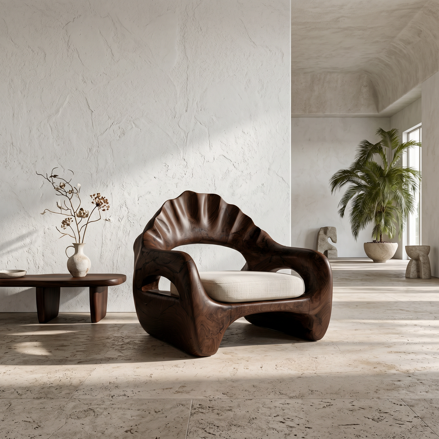 Sculptural Lounge Chair With Handcrafted Wooden Structure For Living Room