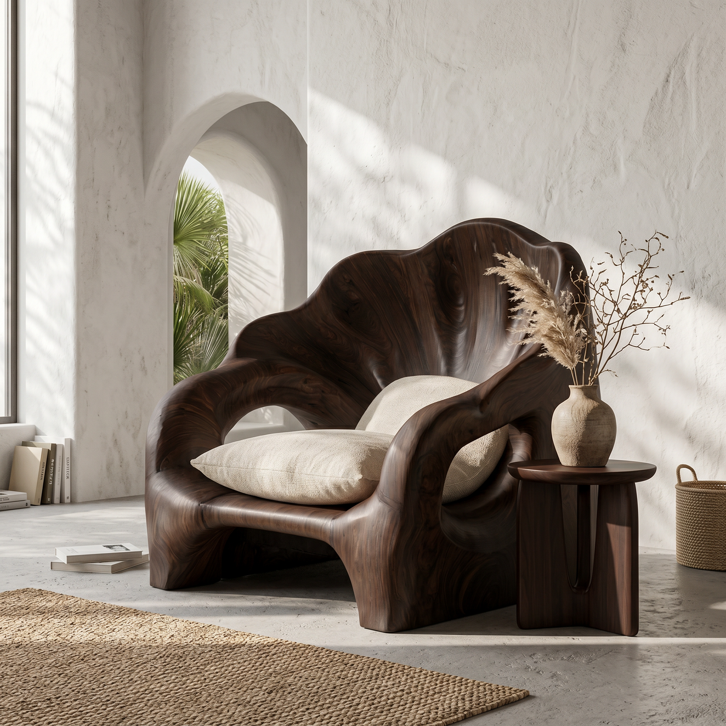 Organic Accent Chair With Artistic Wood Frame For Living Room