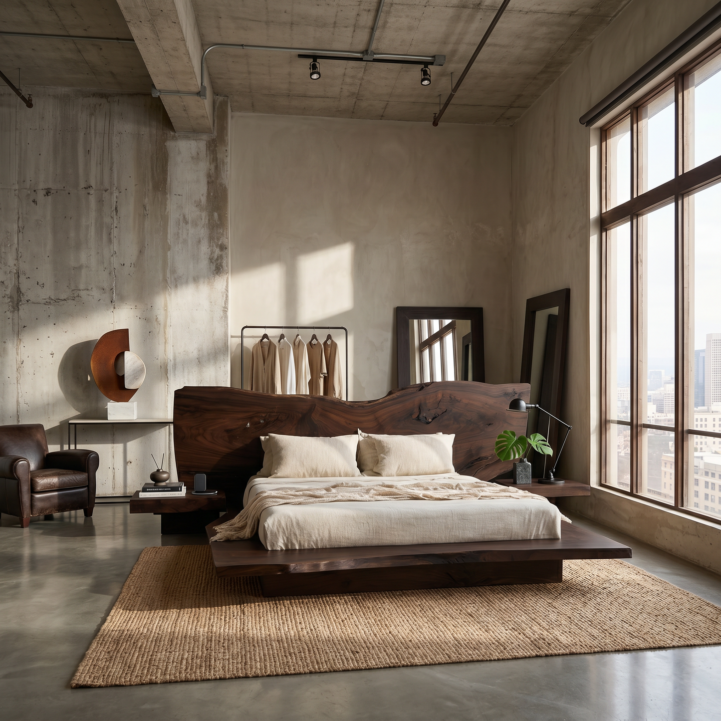 Rustic Live Edge Bed Frame With Sculptural Headboard For Bedroom