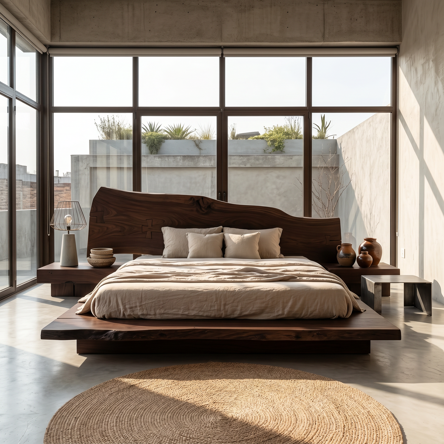 Organic Sculptural Bed Frame With Handcrafted Solid Wood Headboard And Floating Platform Design For Bedroom