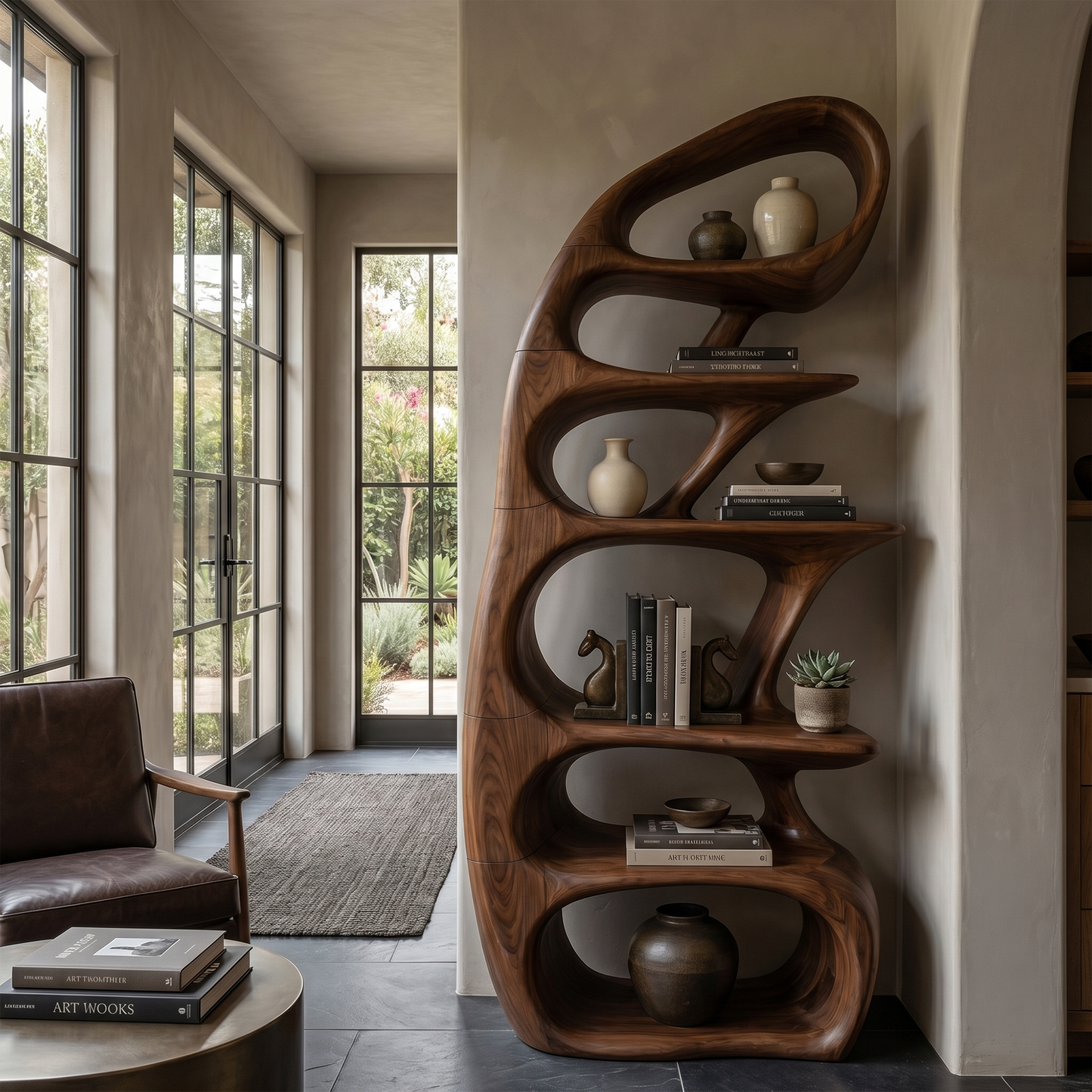 Sculptural Bookshelf With Tree Inspired Curved Shelves And Solid Wood Frame For Living Room