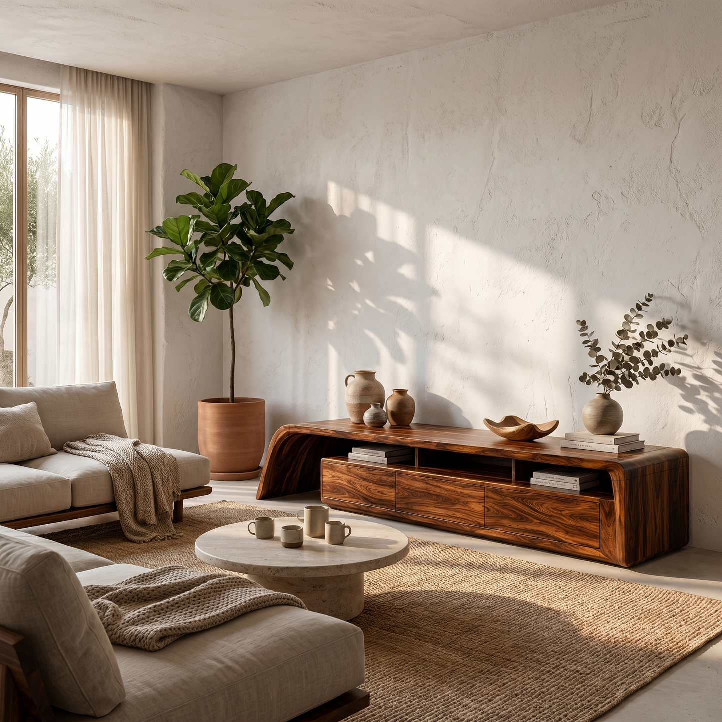 Modern TV Cabinet With Built In Storage And Rounded Curved Edges For Living Room