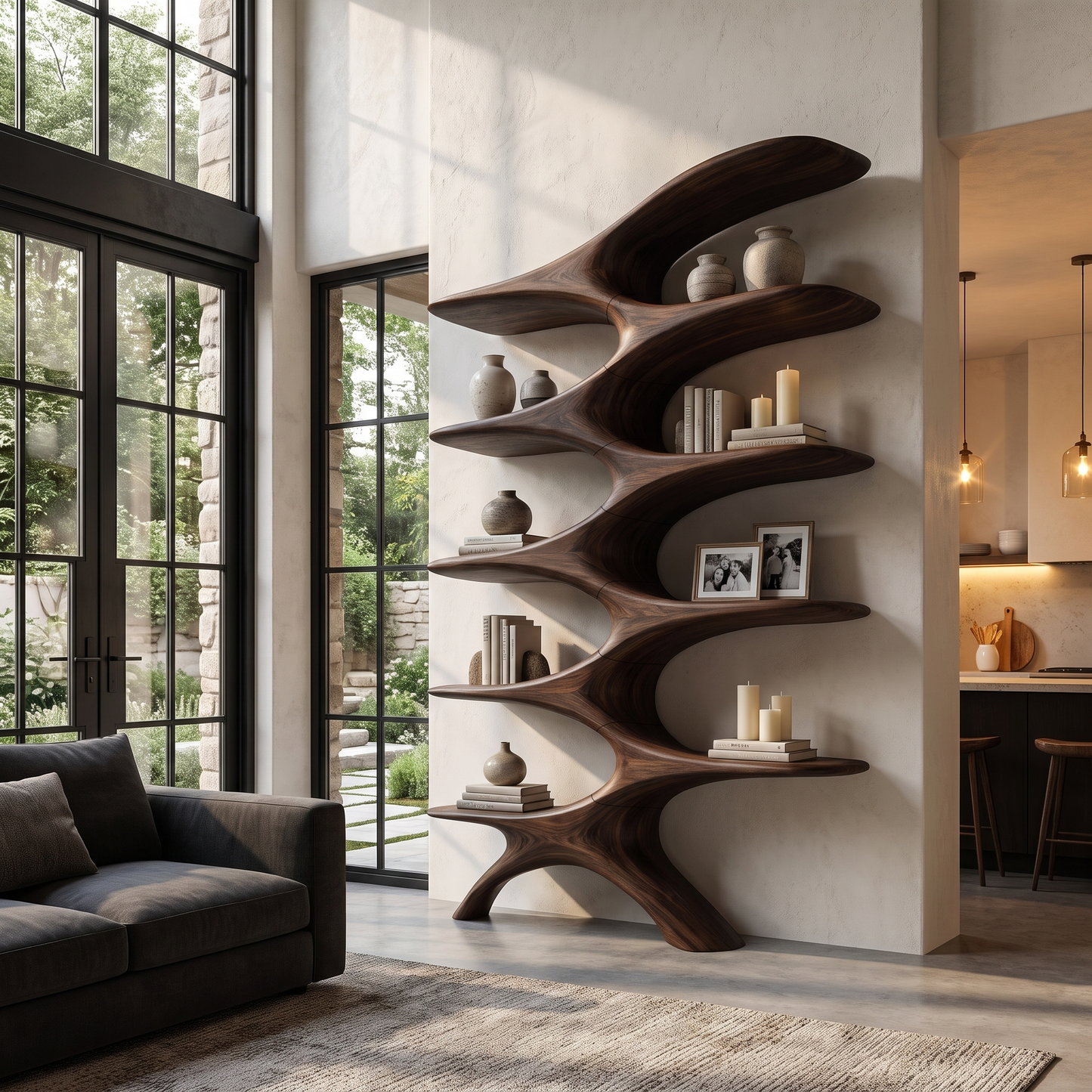 Sculptural Wall Bookcase With Organic Multi Tier Shelves For Living Room