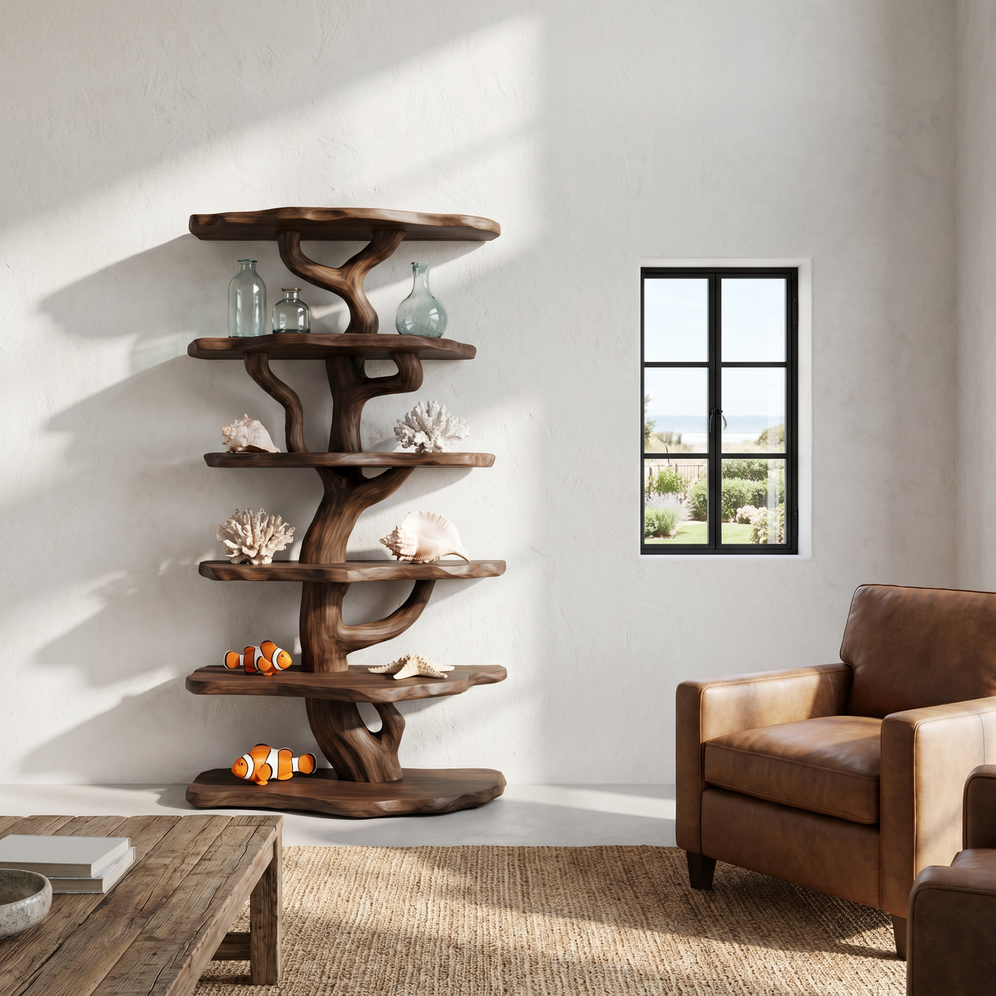 Rustic Sculptural Tree Bookshelf For Living Room And Entryway