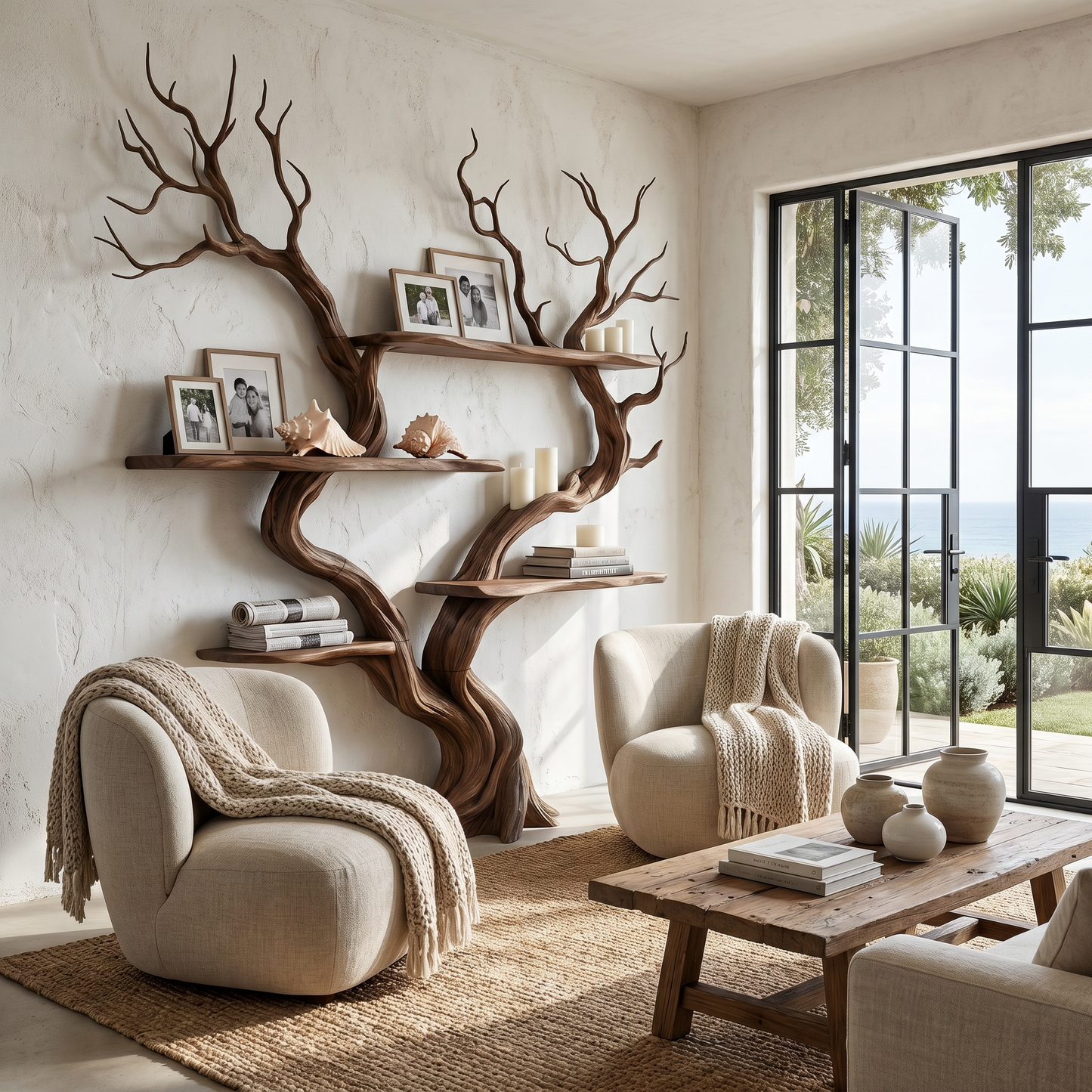 Organic Tree Wall Shelf With Multi Tier Display Shelves For Home