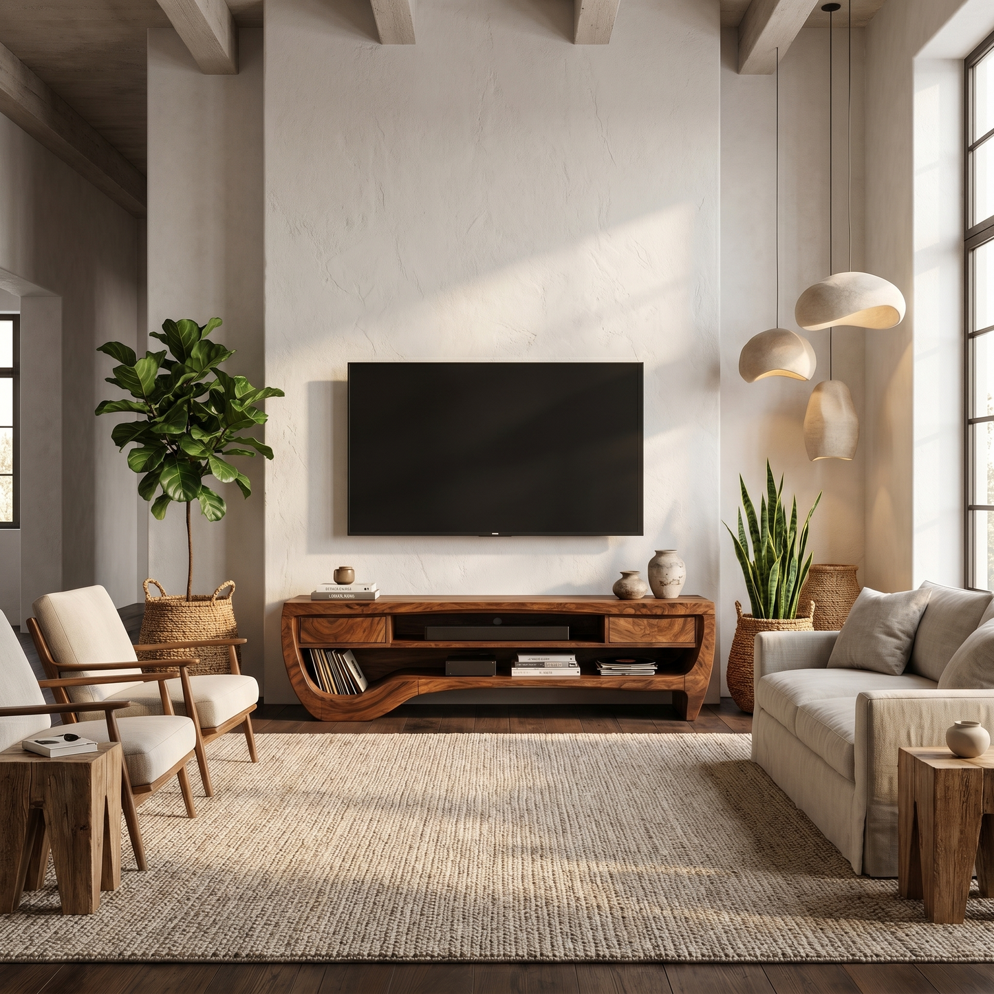 Organic TV Cabinet With Open Storage And Sculptural Curved Wood Design For Living Room