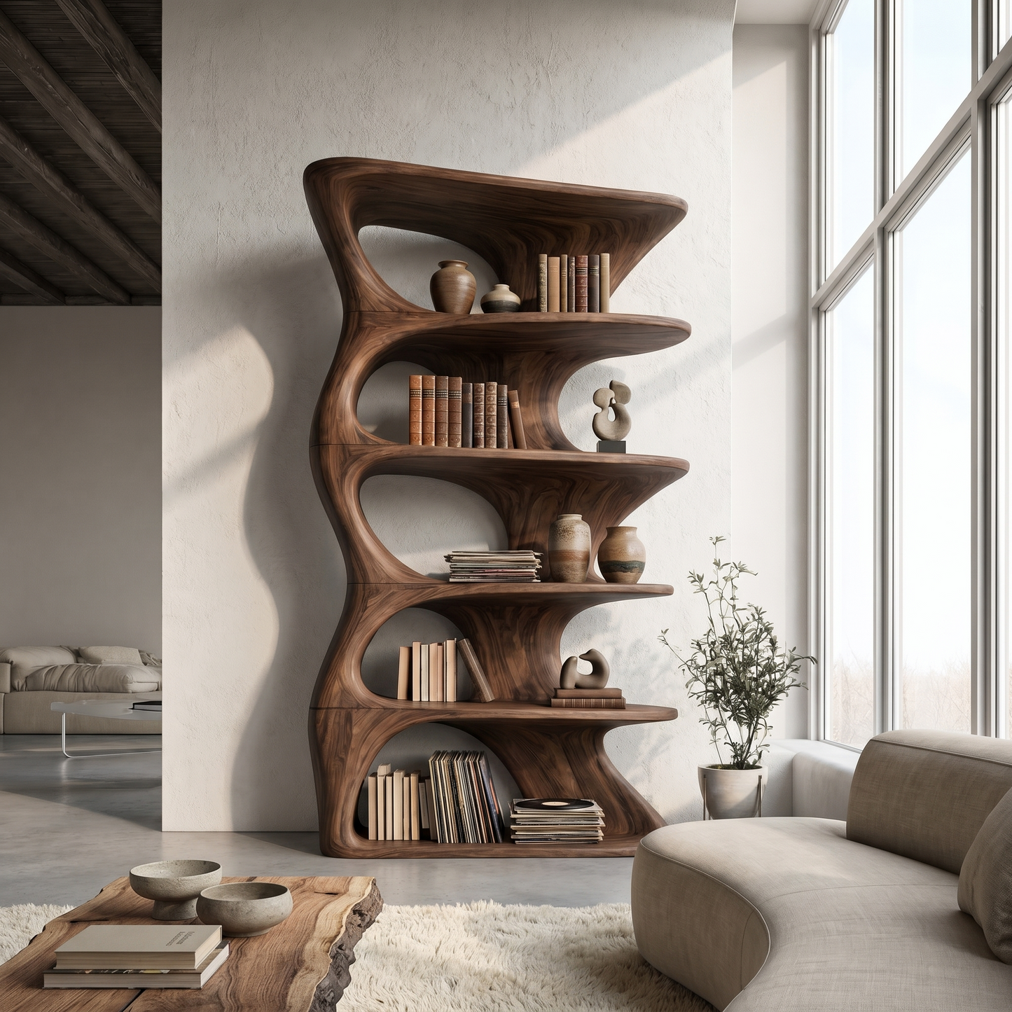 Organic Sculptural Wall Mounted Bookshelf With Curved Floating Shelves For Living Room