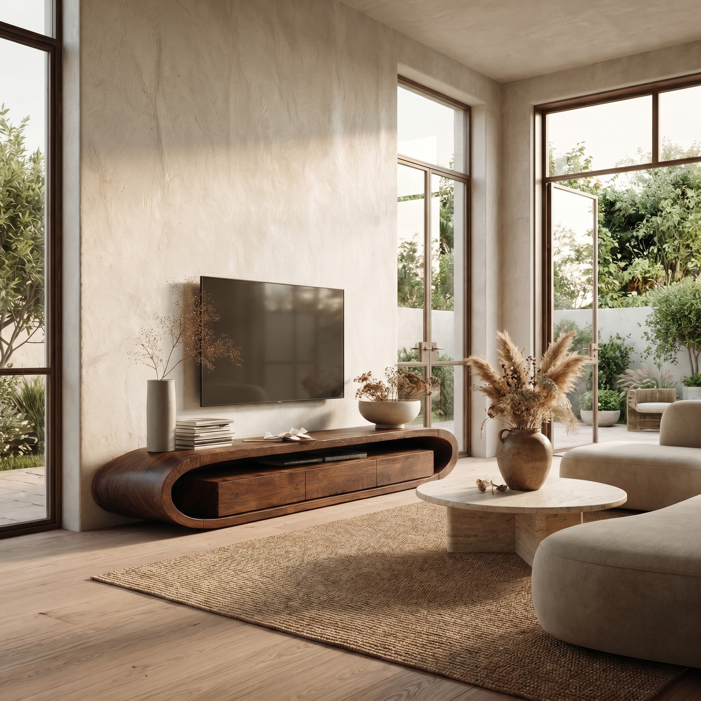 Organic TV Cabinet With Curved Solid Wood Design And Built In Drawer Storage For Living Room