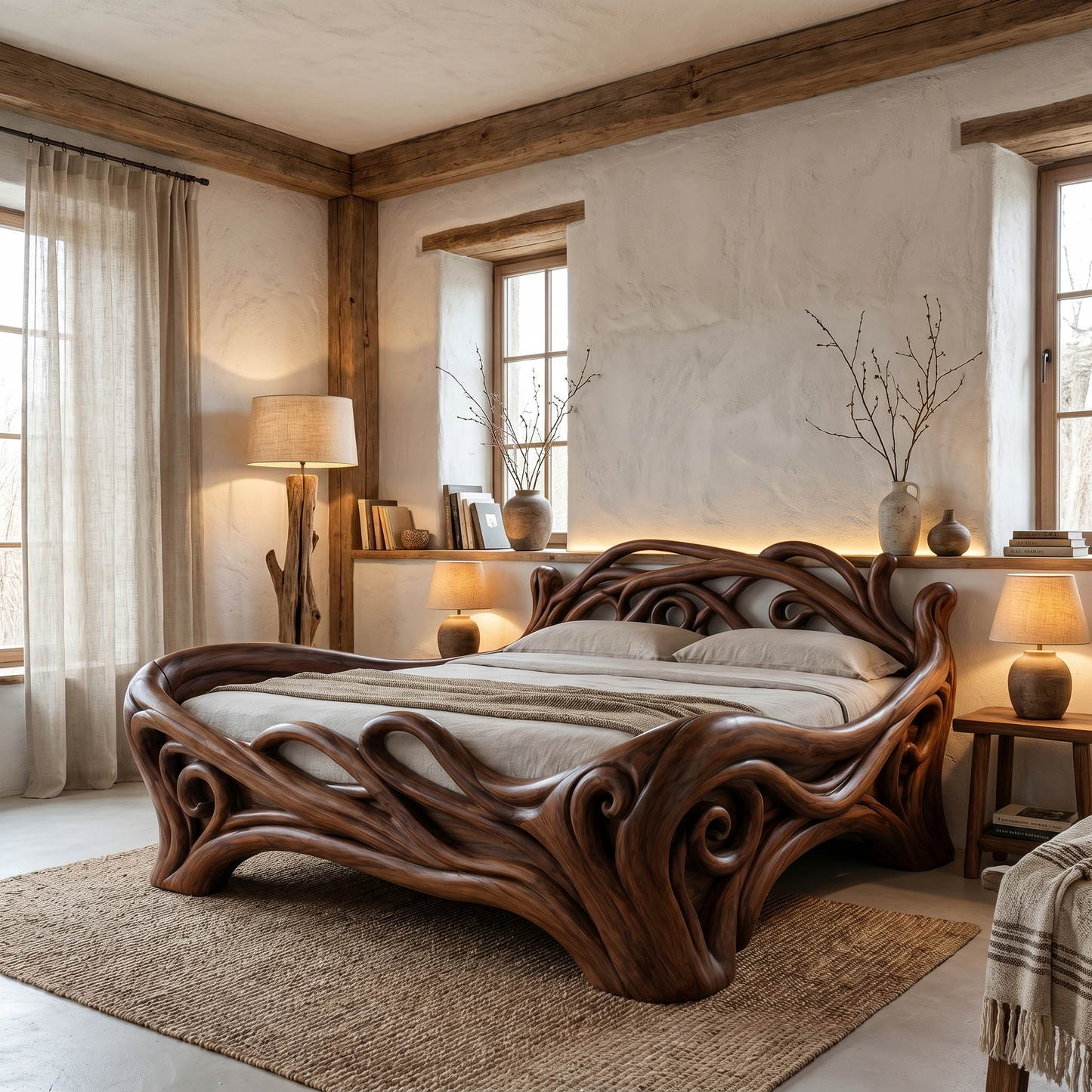 Organic Sculptural Bed Frame With Flowing Root Inspired Wood Design For Bedroom