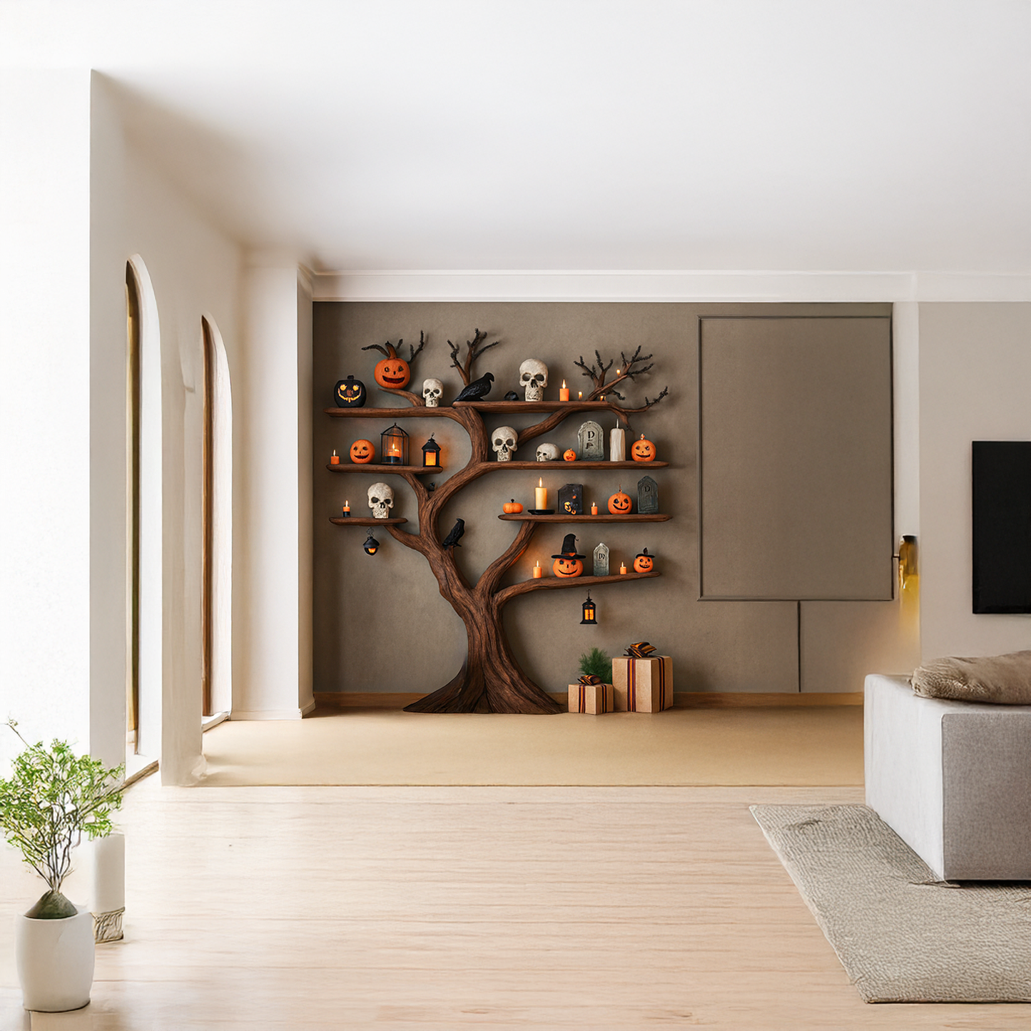 Rustic Tree Bookcase Entryway Halloween