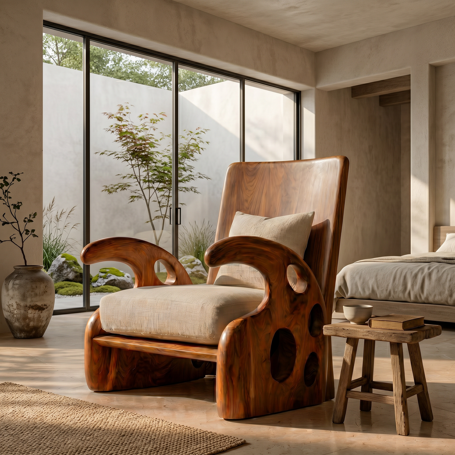 Organic Wooden Armchair For Reading Corner And Living Room