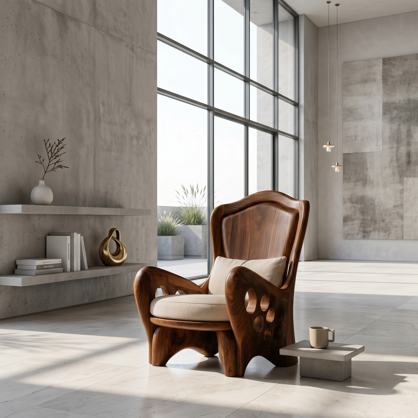 Organic Armchair With Sculptural Wood Frame For Living Room And Reading Nook