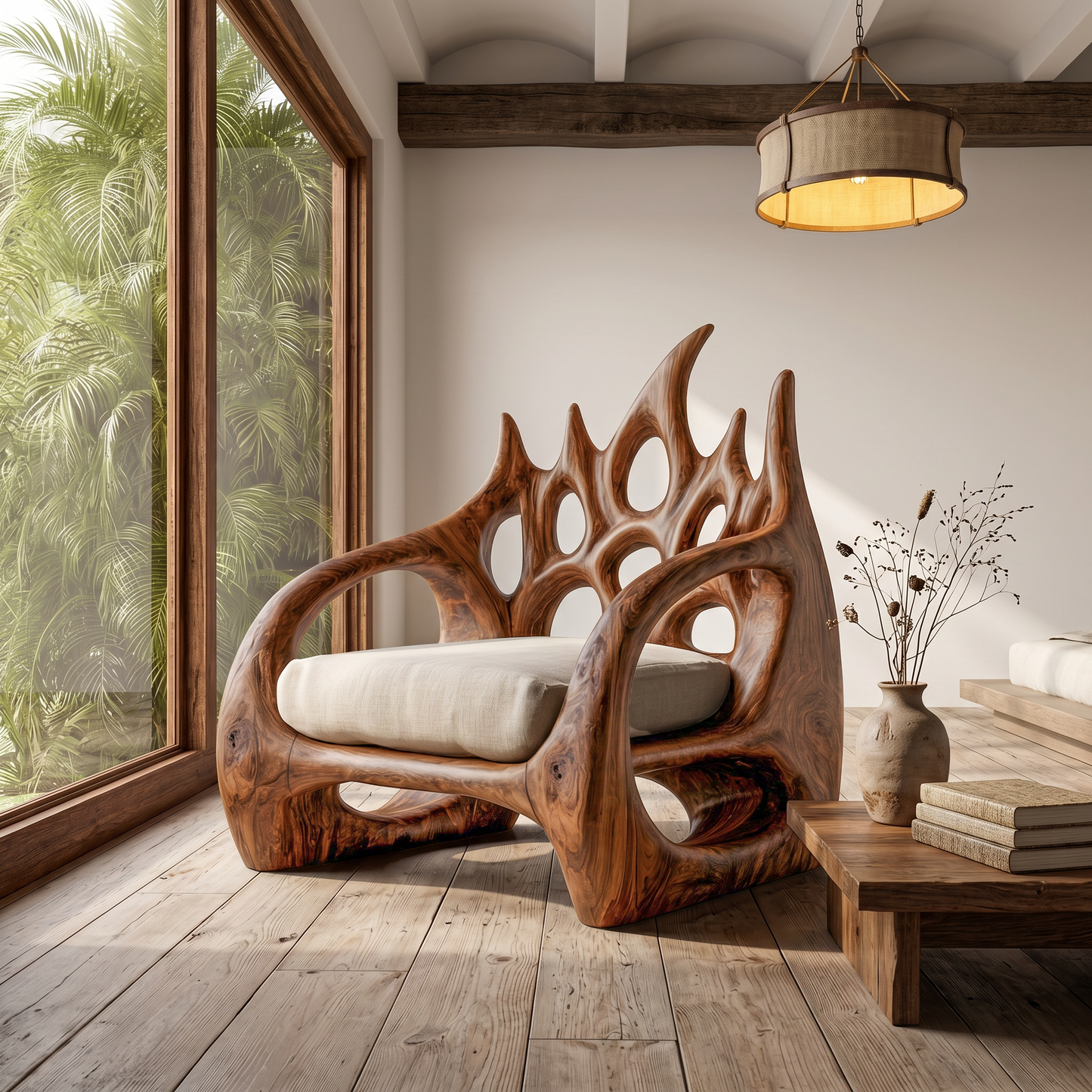Contemporary Armchair With Organic Wood Silhouette For Living Room Decor