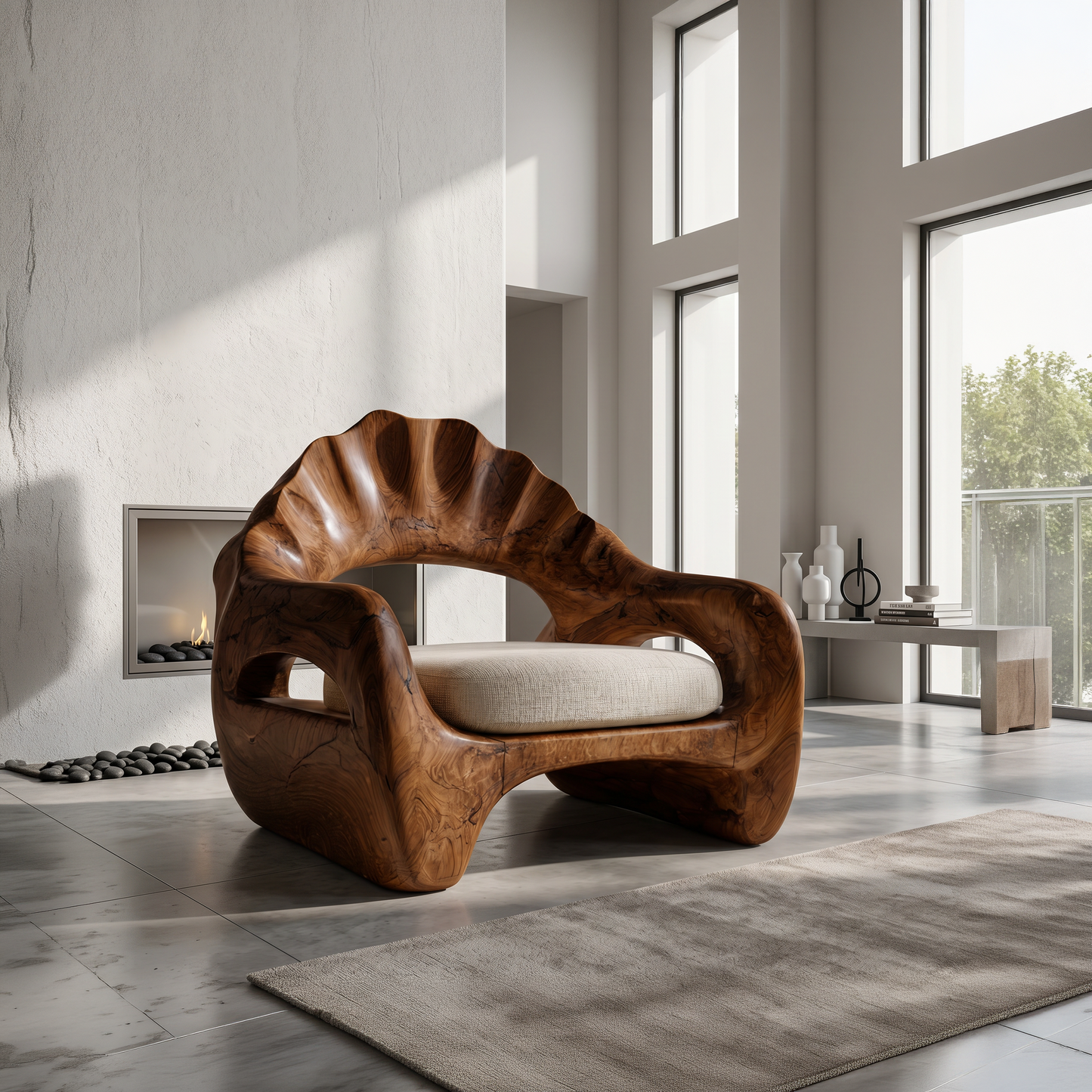 Sculptural Lounge Chair With Handcrafted Wooden Structure For Living Room