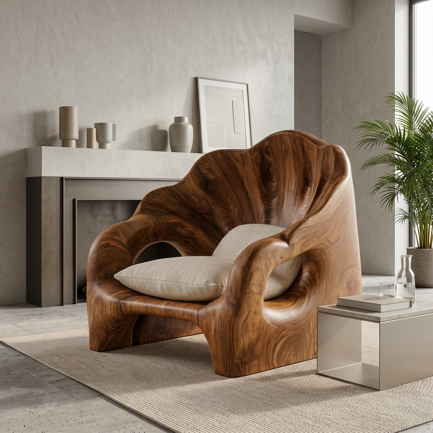 Organic Accent Chair With Artistic Wood Frame For Living Room