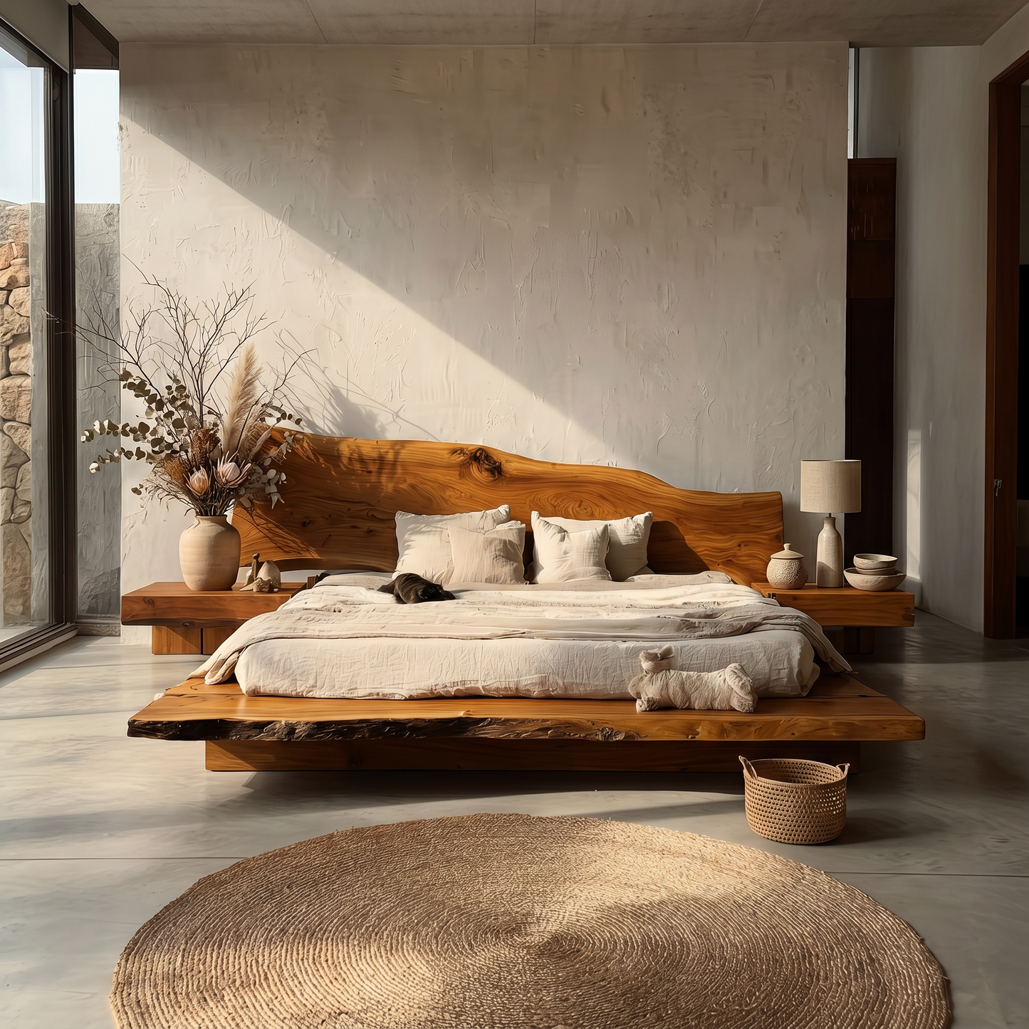 Organic Sculptural Bed Frame With Handcrafted Solid Wood Headboard And Floating Platform Design For Bedroom