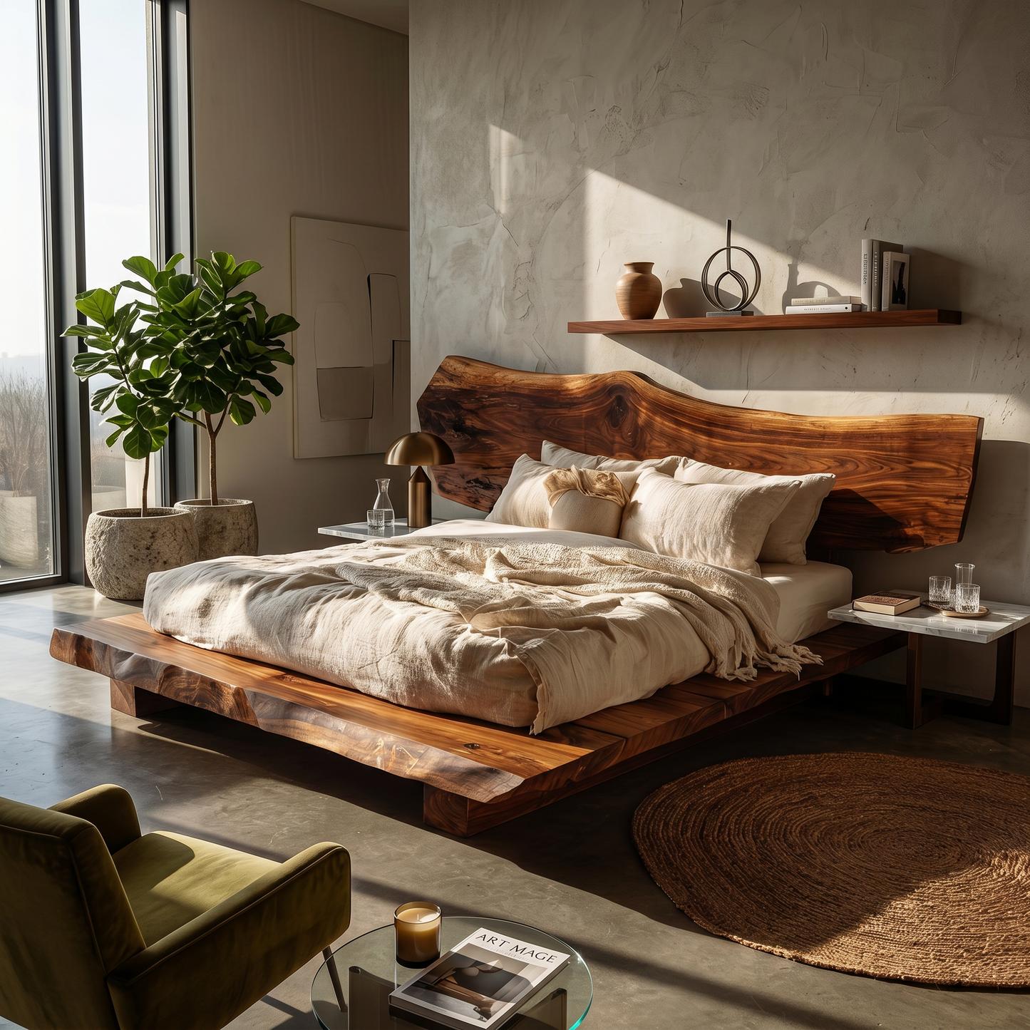 Rustic Bed Frame With Natural Wood Headboard For Bedroom
