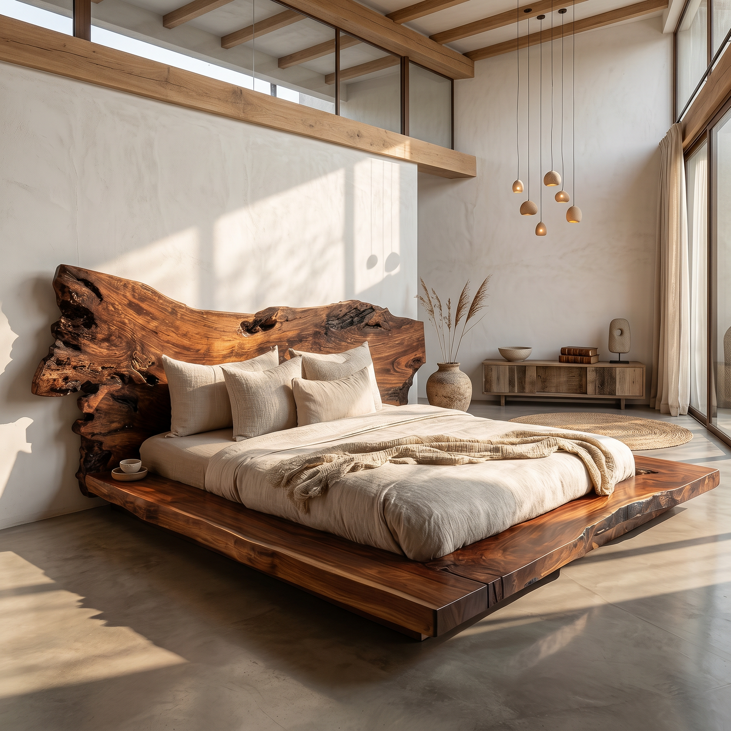 Contemporary Low Profile Bed Frame With Organic Wood Headboard For Bedroom