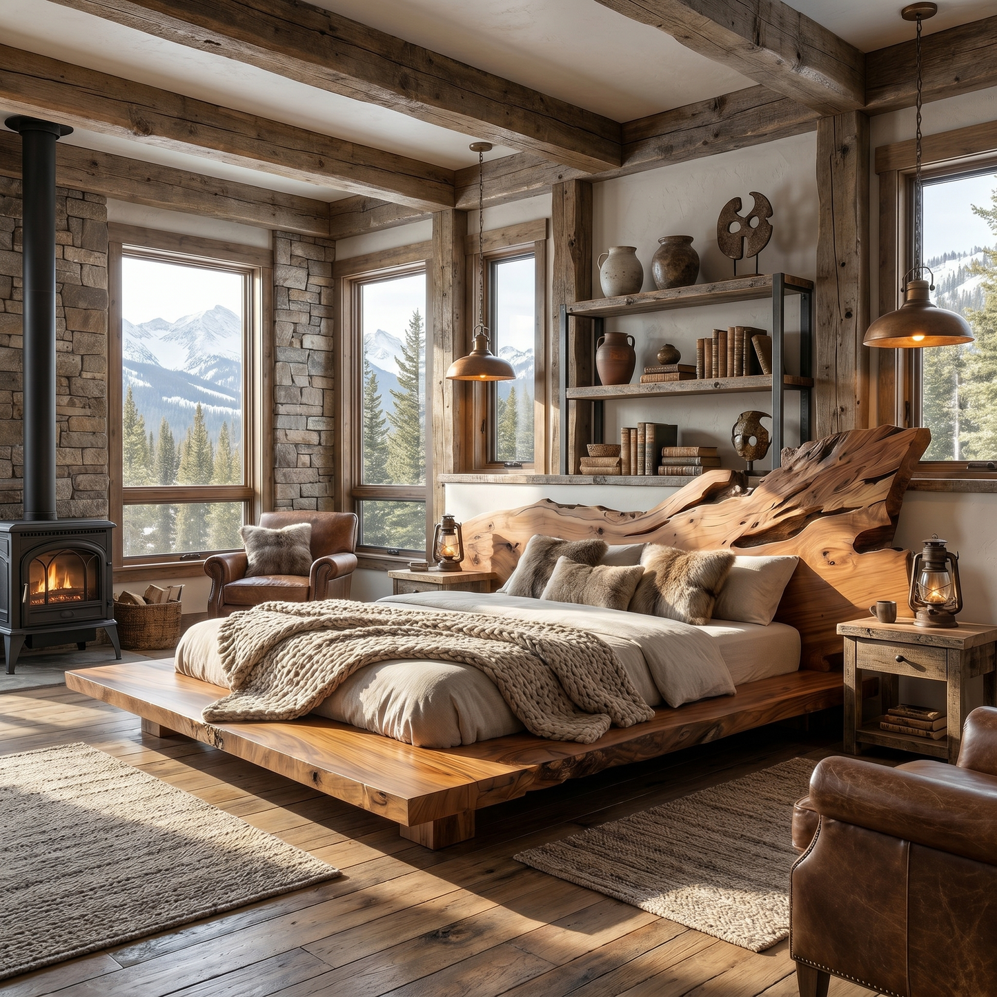 Modern Bed Frame With Live Edge Wood Headboard For Bedroom