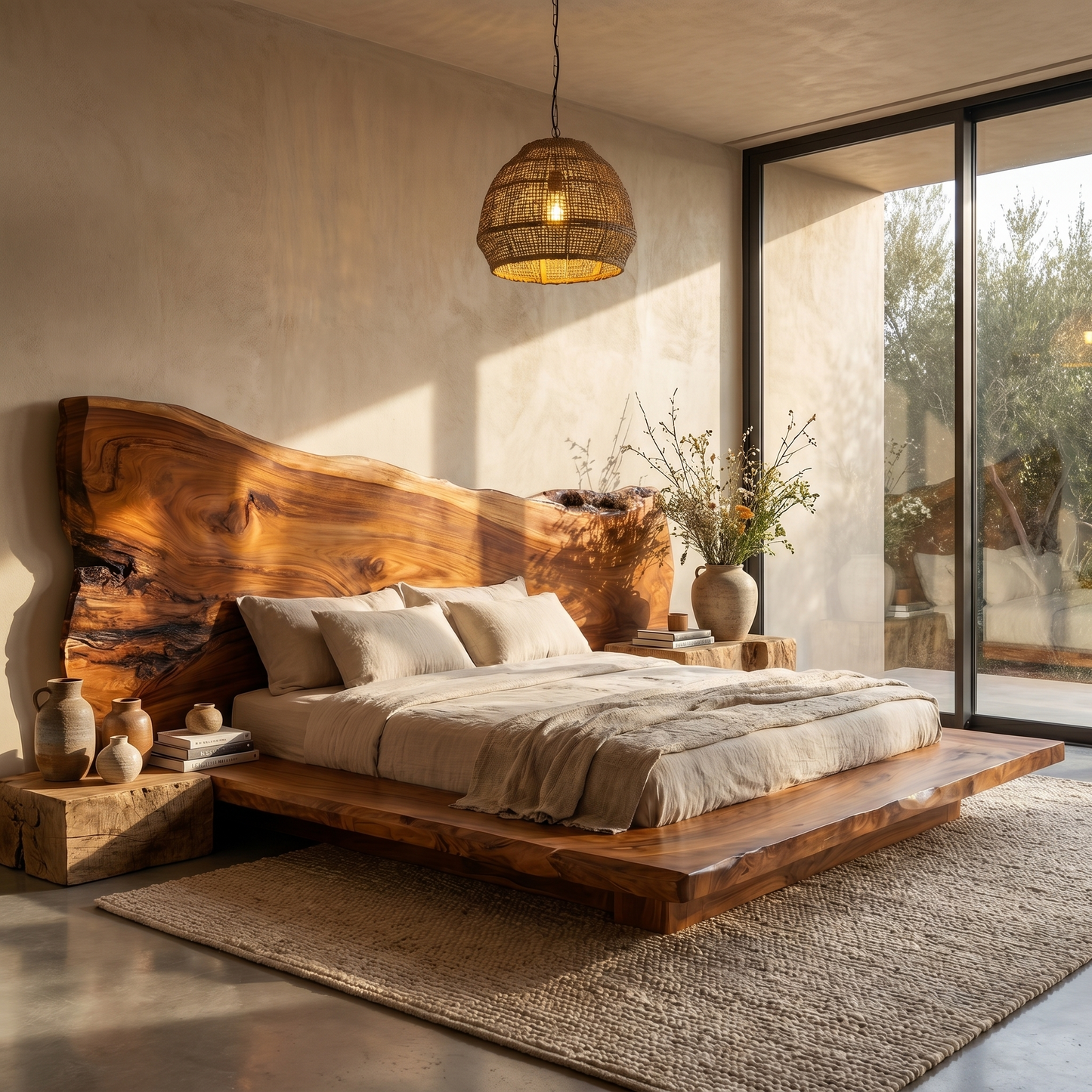 Japandi Bed Frame With Handcrafted Solid Wood Design For Bedroom