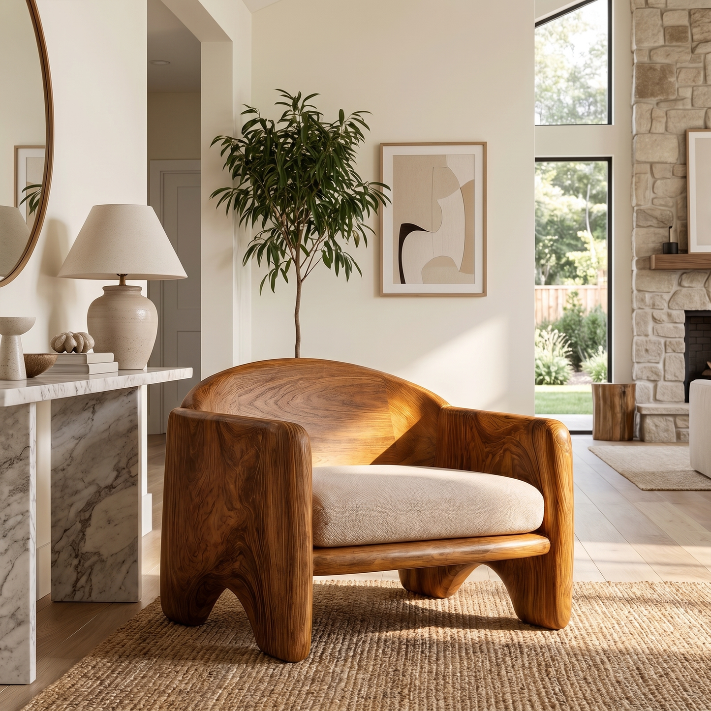 Rustic Armchair Sculptural Solid Wood Design For Living Room