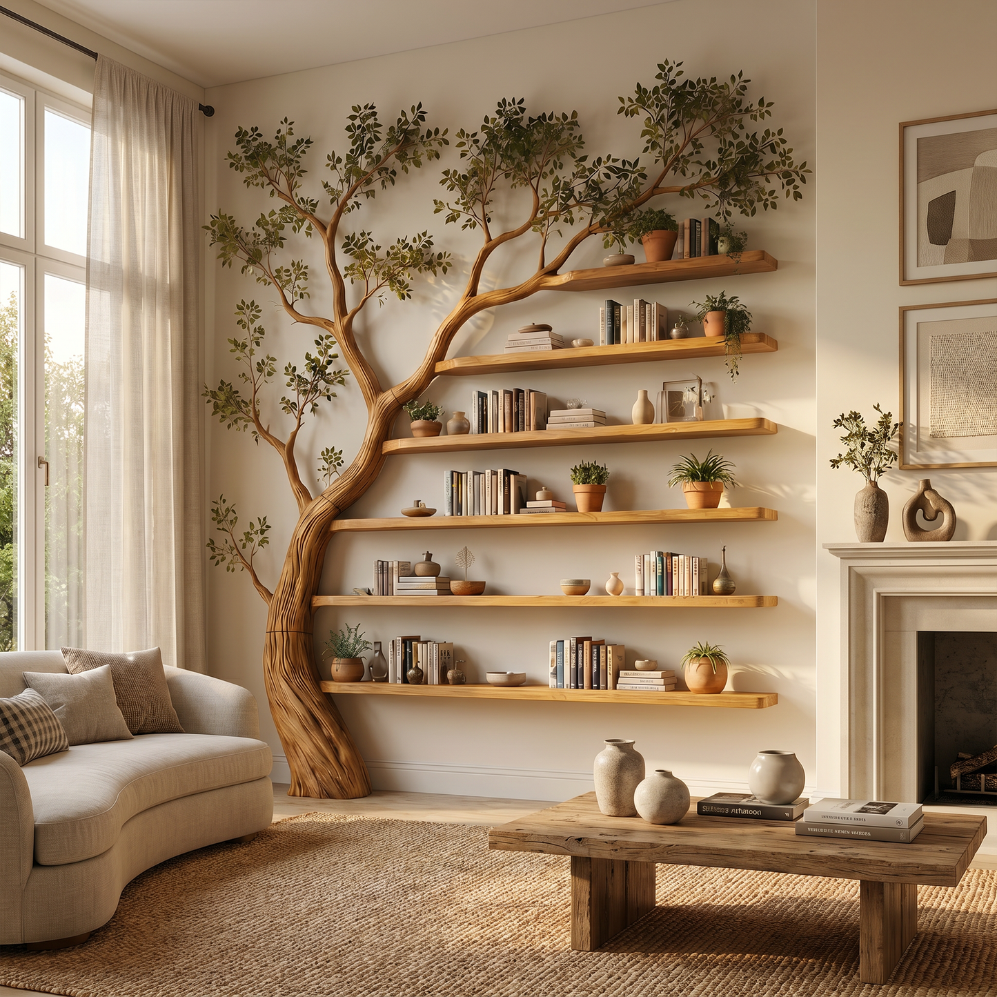 Rustic Tree Display Shelf Modern Living Room