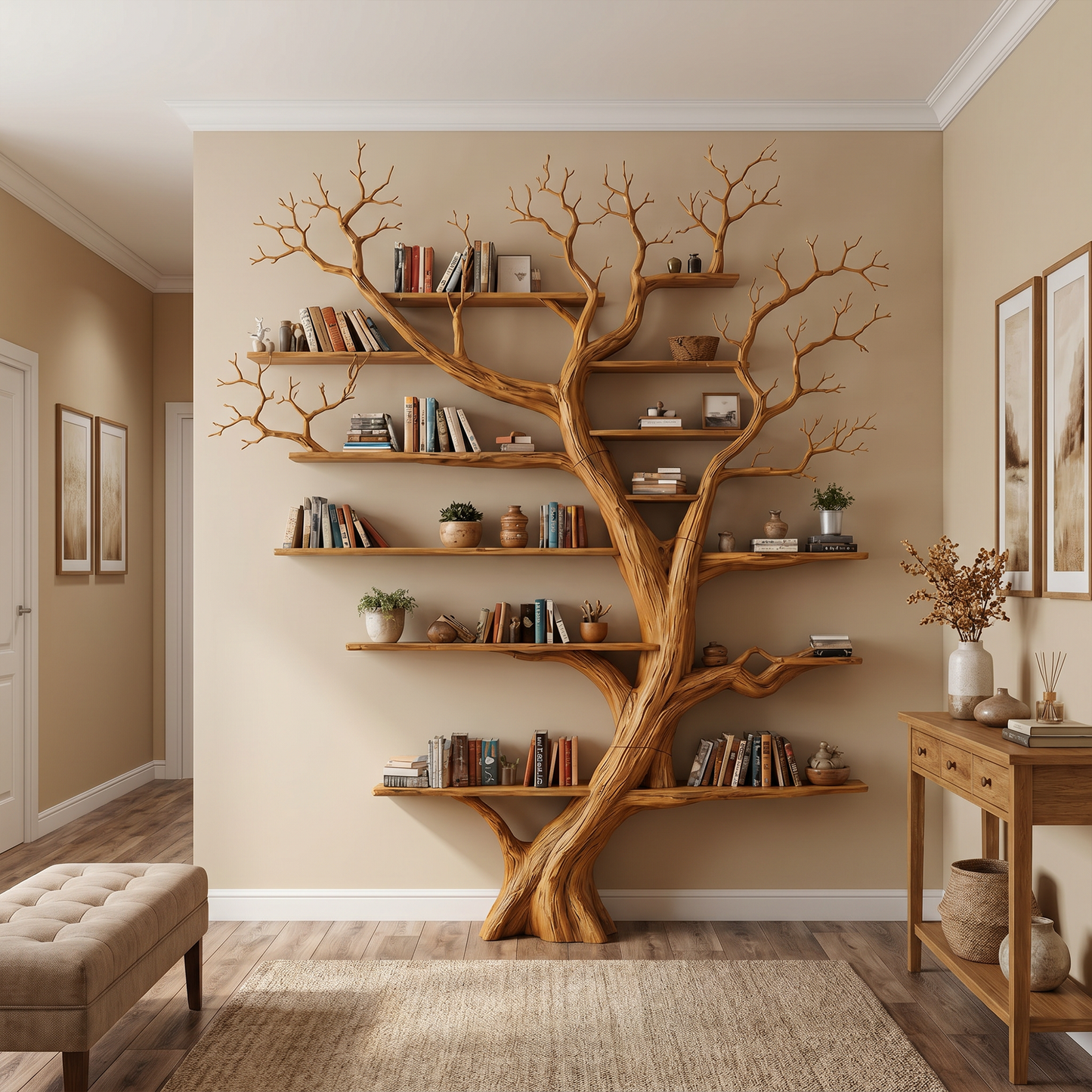 Rustic Tree Wall Bookshelf Living Guest Room