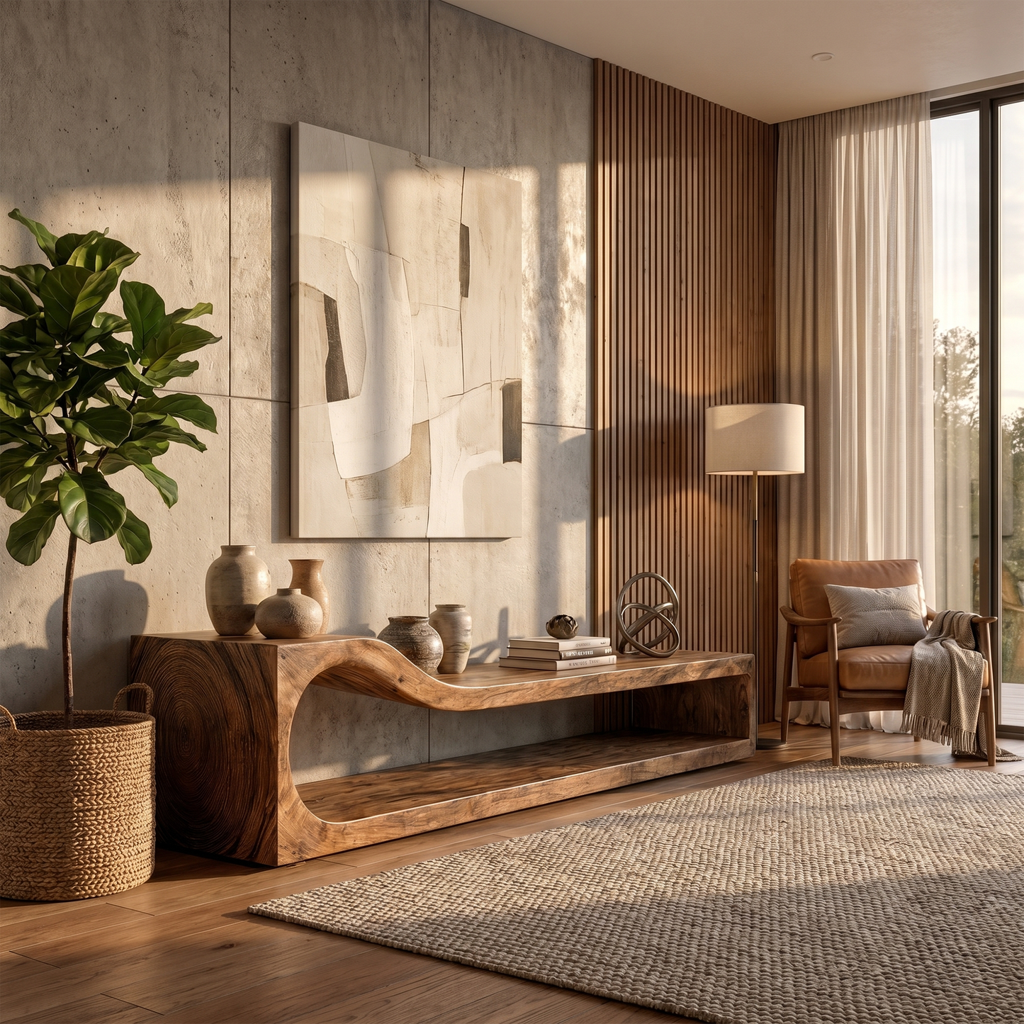 Organic TV Cabinet With Sculptural Wave Wood Base And Solid Wood Media Console For Living Room