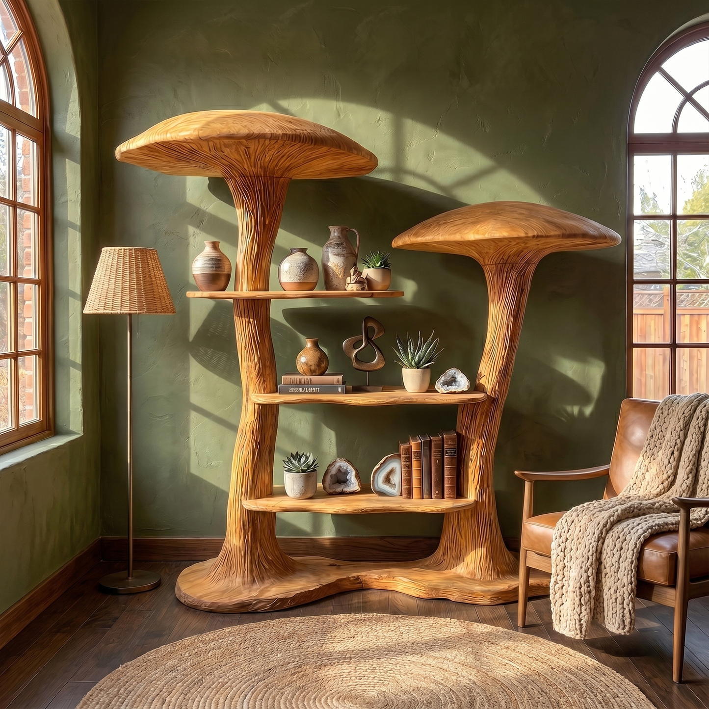 Organic Modern Mushroom Bookcase With Sculptural Solid Wood Form For Living Room