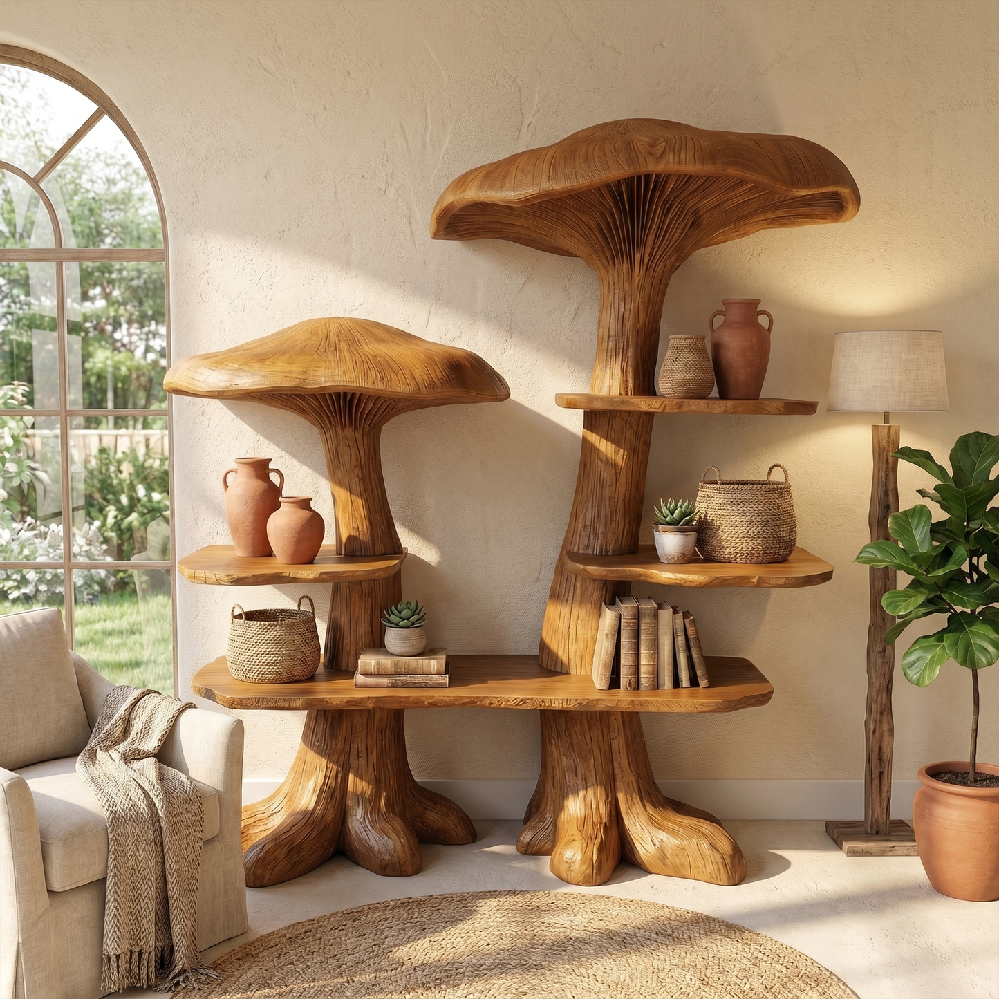 Nature Inspired Mushroom Bookshelf With Open Display Storage For Living Room