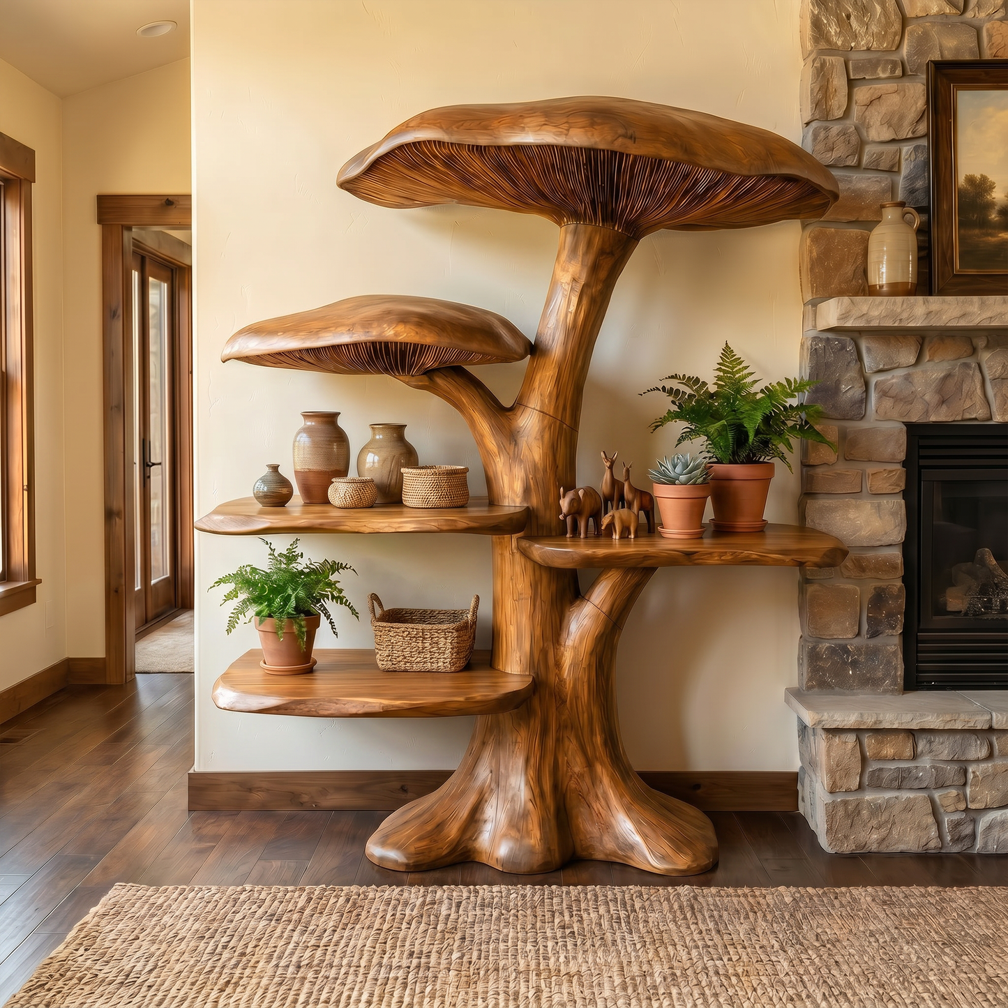 Organic Mushroom Shelf With Sculptural Solid Wood Form For Living Room