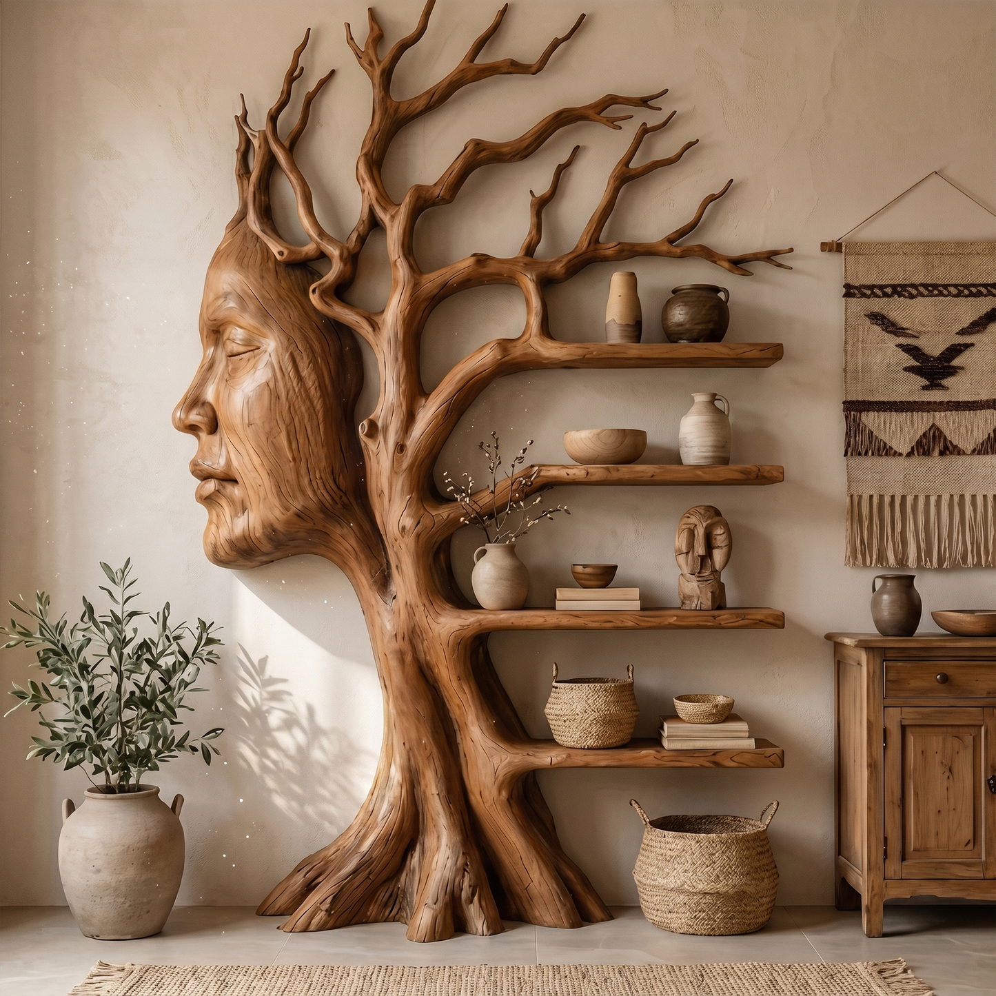 Fantasy Tree Bookshelf With Sculptural Face Design And Integrated Branch Shelves For Living Room