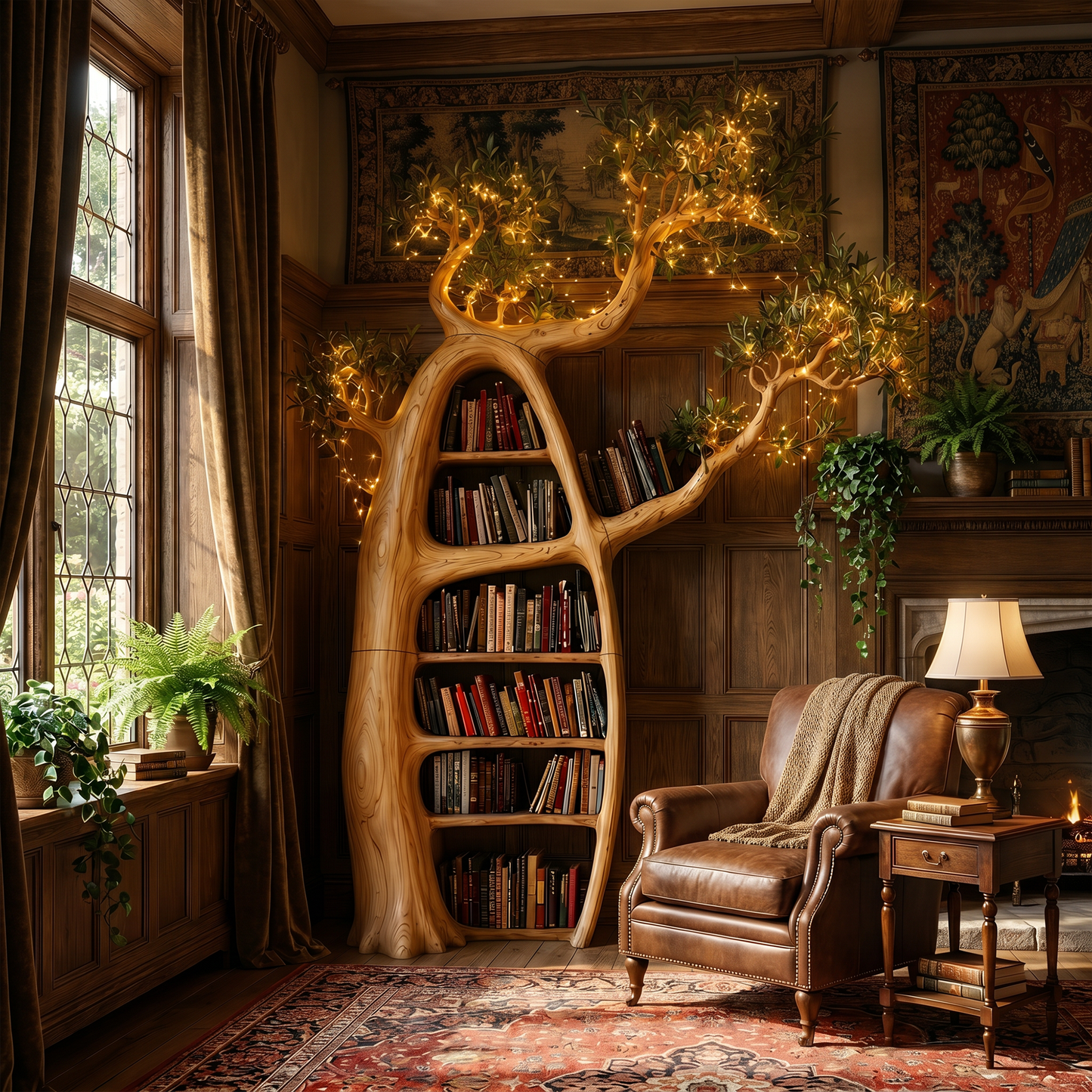 Artistic Tree Bookshelf With Illuminated Branch Crown For Living Room