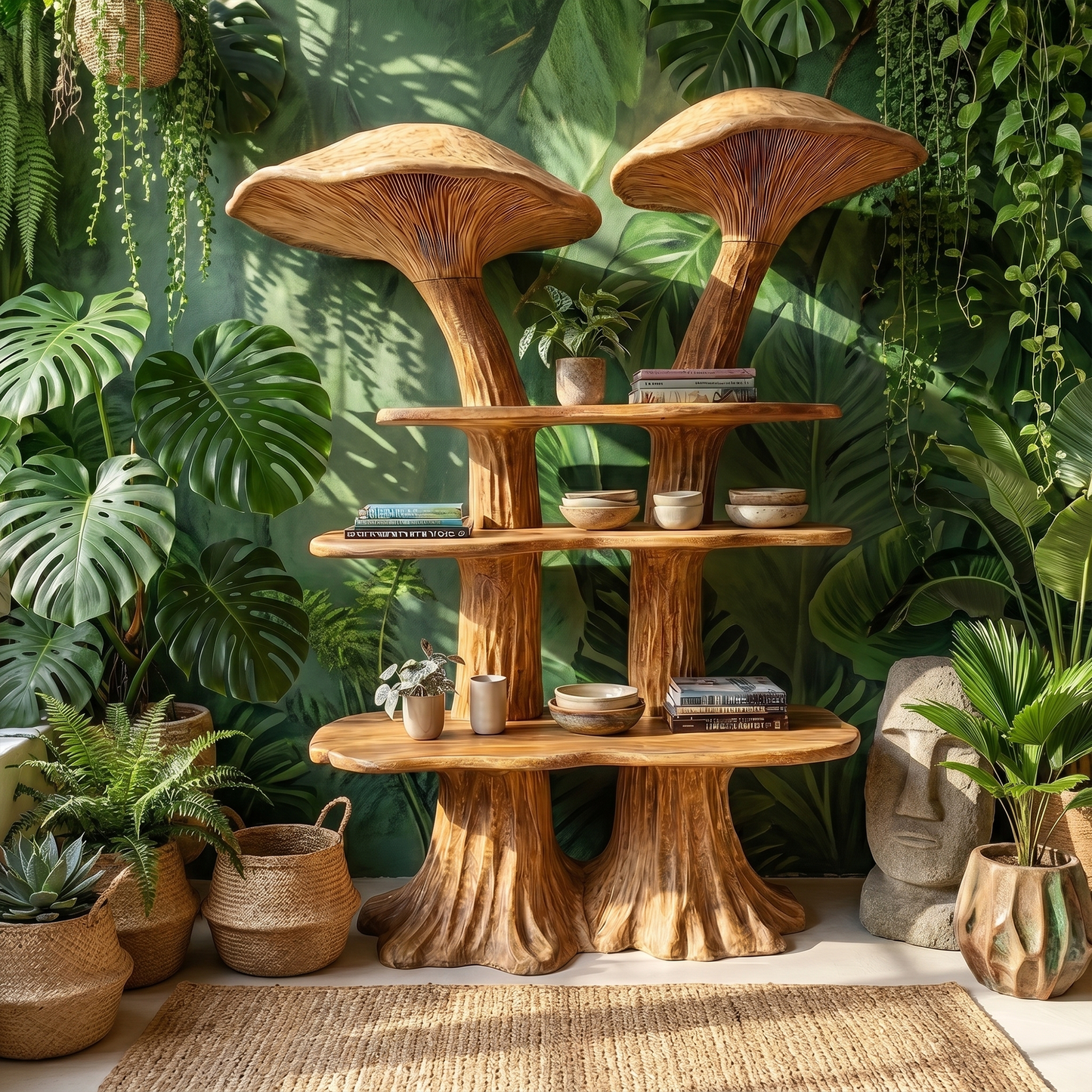 Rustic Mushroom Bookshelf With Handcrafted Solid Wood Shelves For Living Room