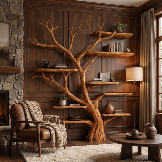 Rustic Tree Wall Bookshelf Entryway Study