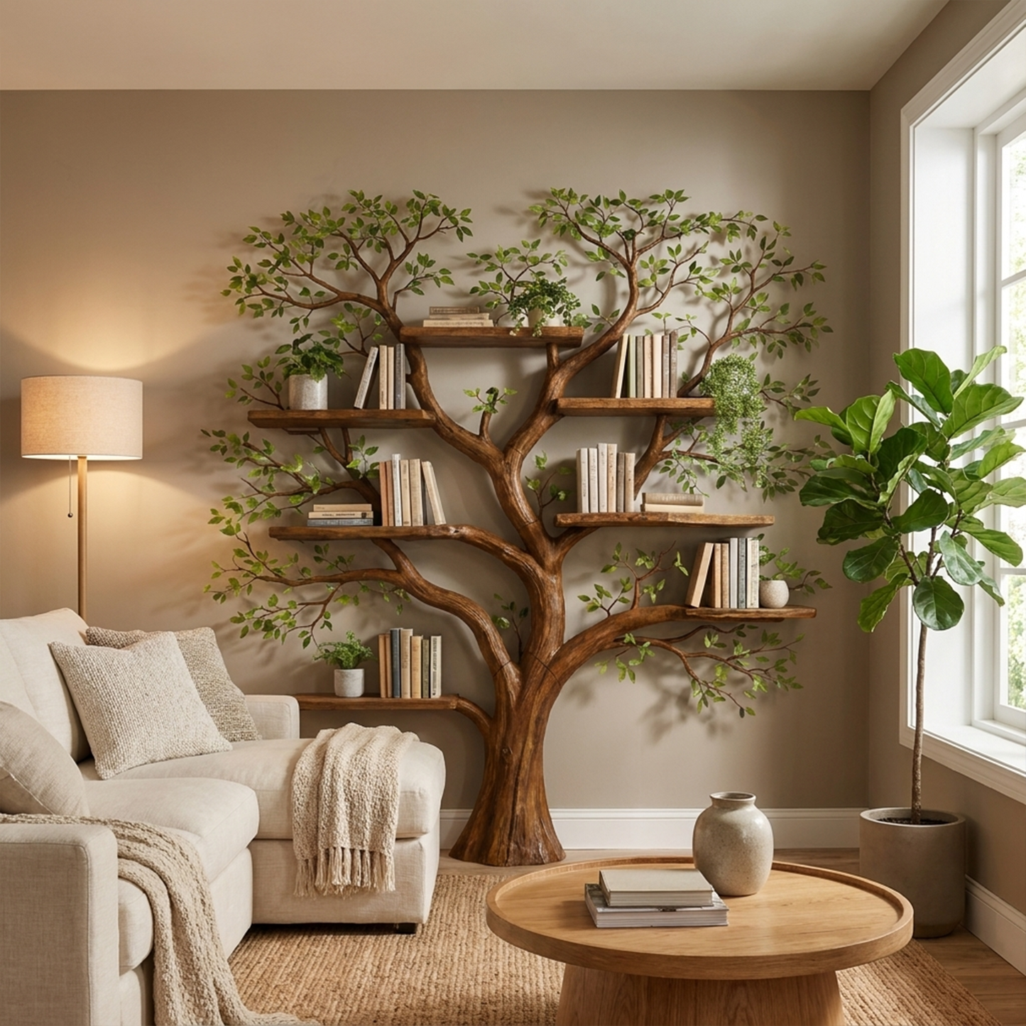 Handcrafted Tree Storage Bookcase Living Room Interior Living Wall Feature