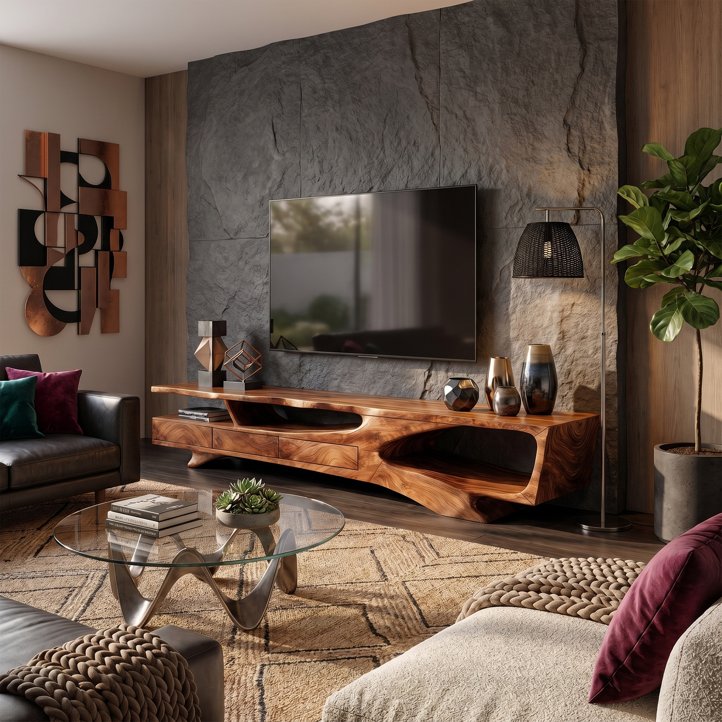 Rustic Organic TV Cabinet With Sculptural Solid Wood Base For Living Room