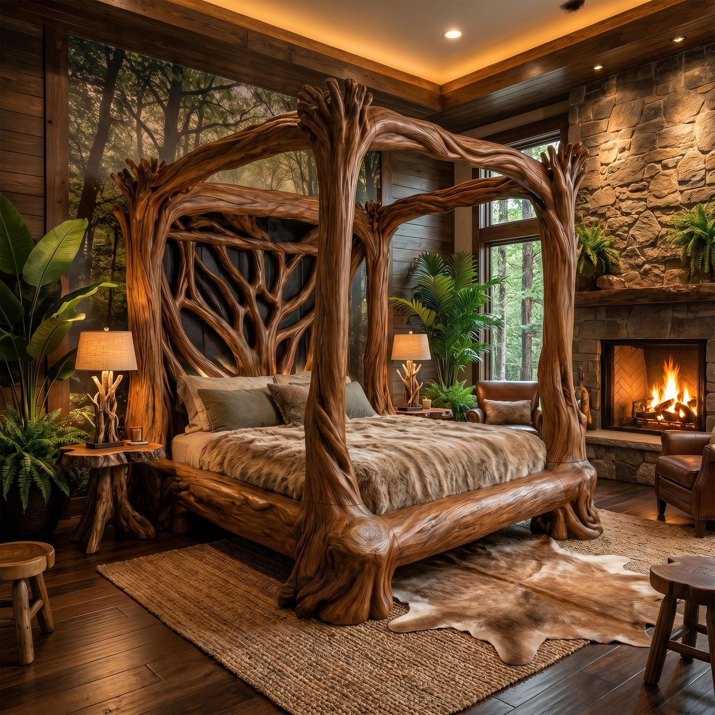 Organic Sculptural Canopy Bed With Handcrafted Tree Branch Wood Frame For Bedroom Decor