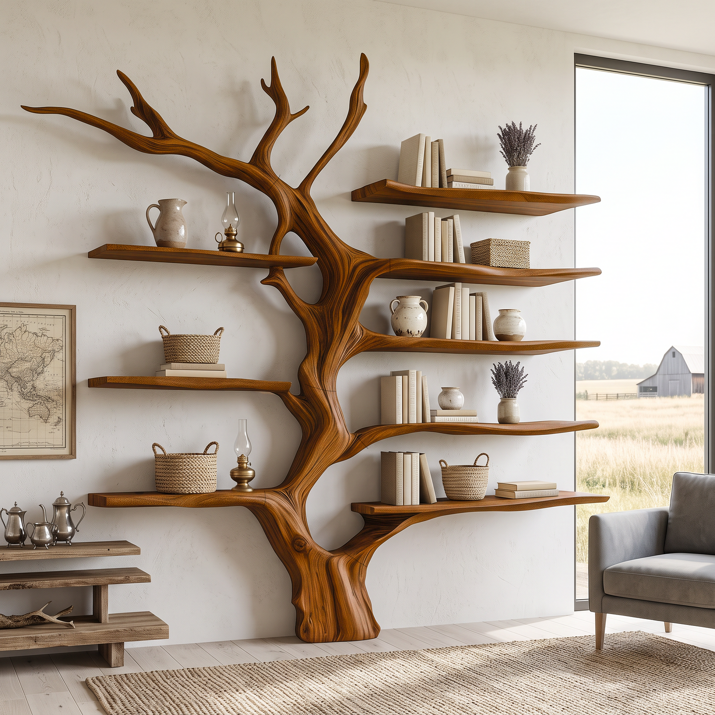 Sculptural Tree Bookcase Artistic Wooden Wall Shelf