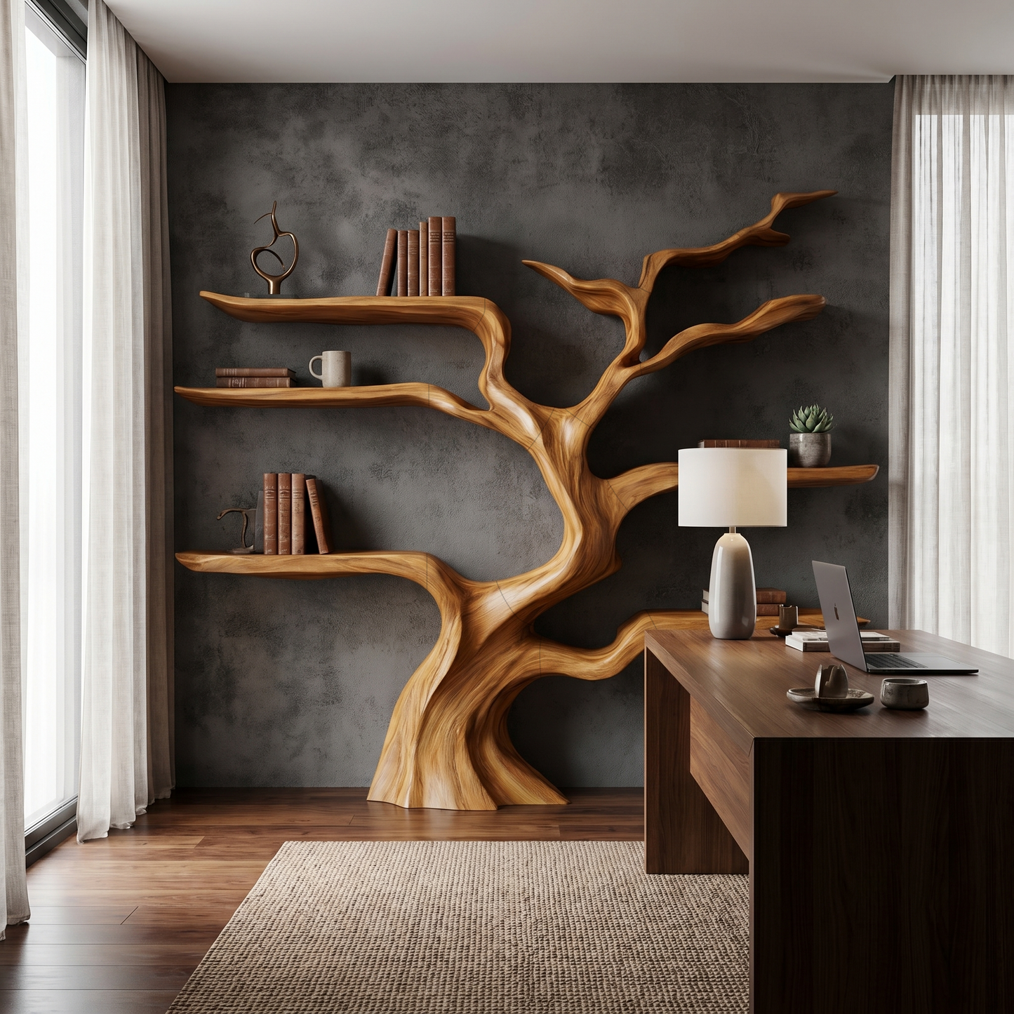 Nature Inspired Tree Bookshelf With Floating Wooden Shelves For Living Room Decor