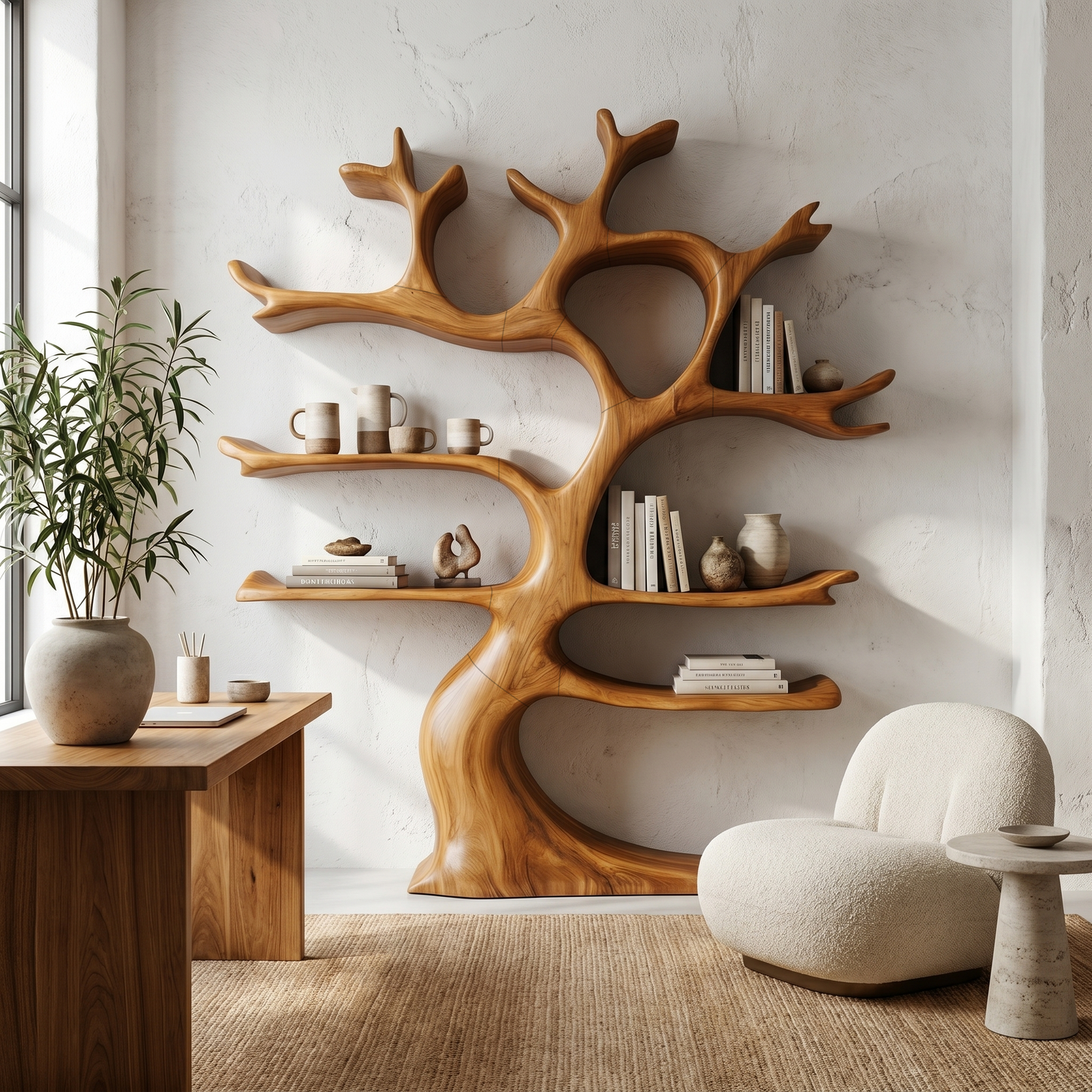 Organic Modern Tree Wall Shelf With Branch Inspired Storage For Living Room