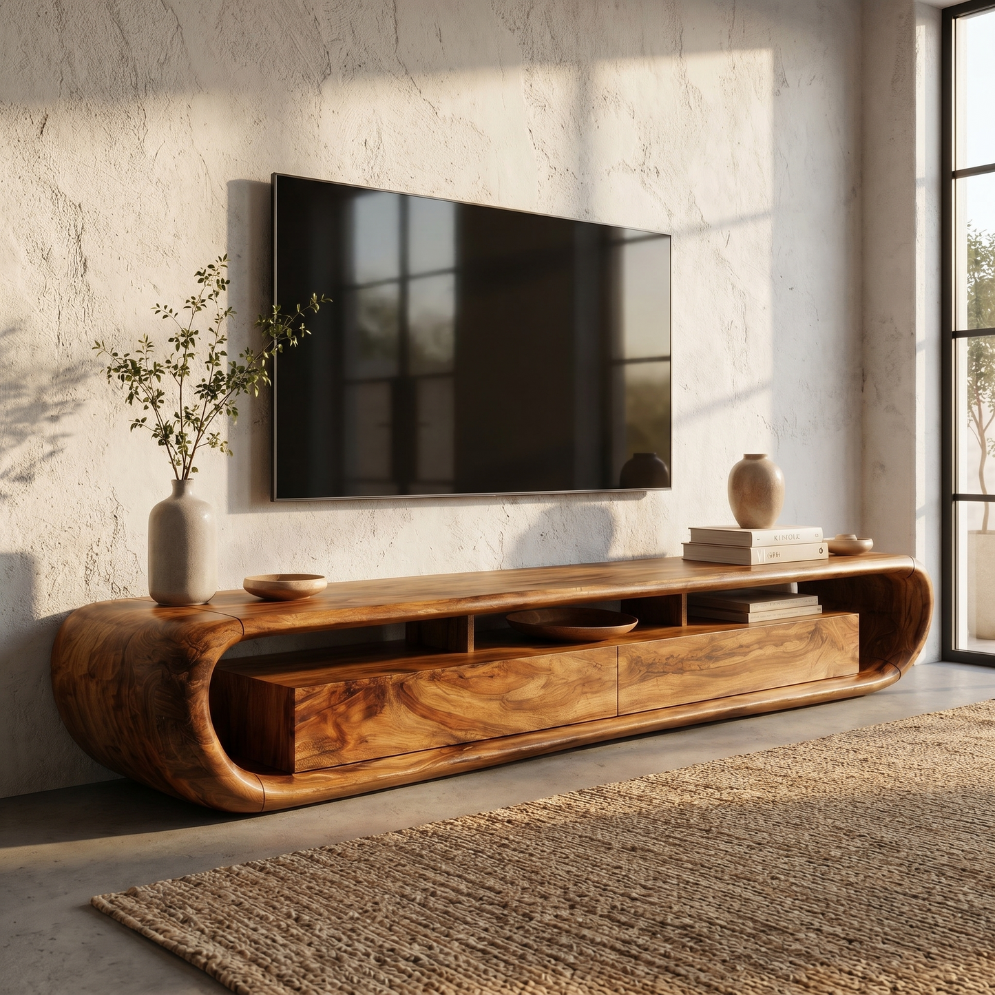 Organic TV Cabinet With Built In Storage And Rounded Curved Edges For Living Room