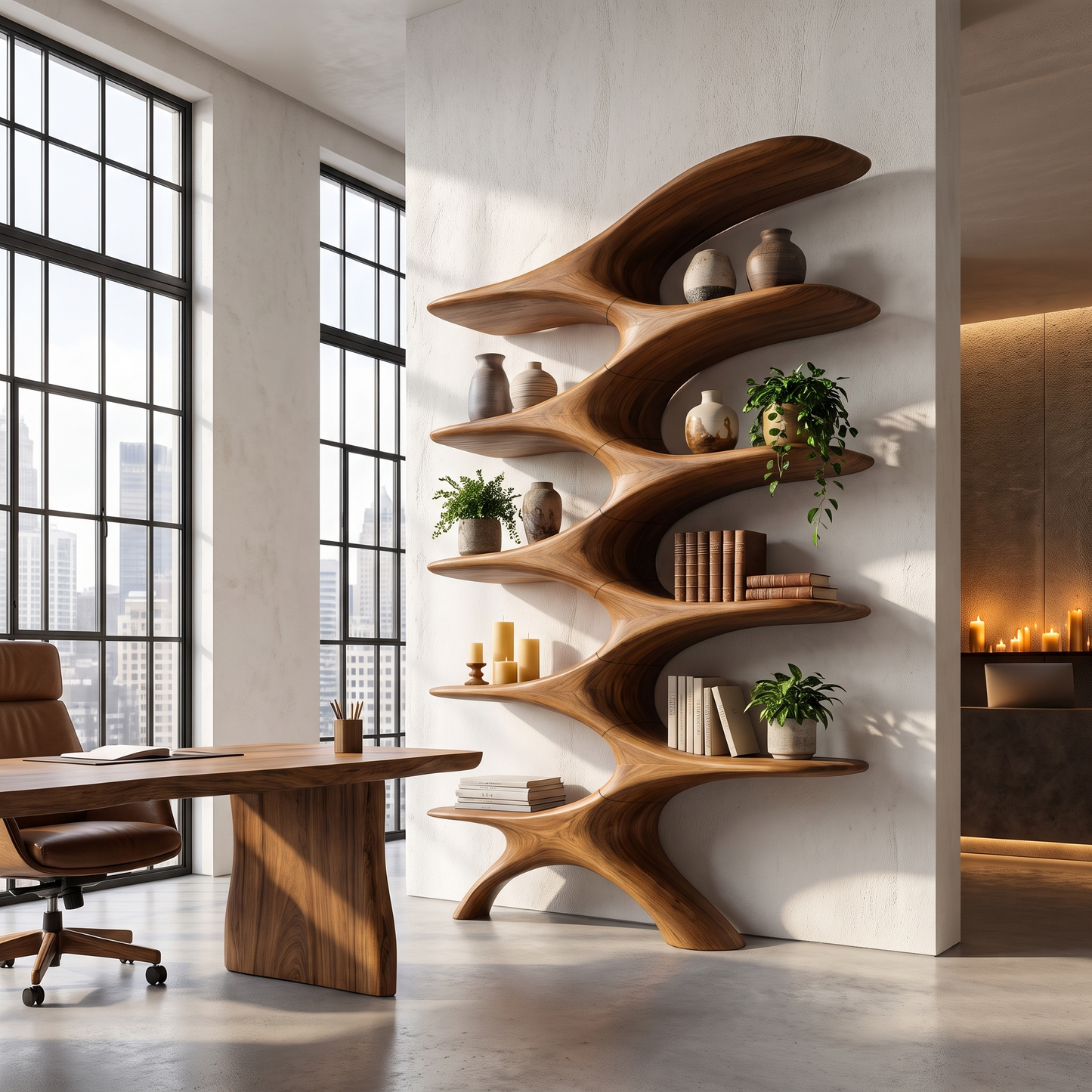 Sculptural Wall Bookcase With Organic Multi Tier Shelves For Living Room