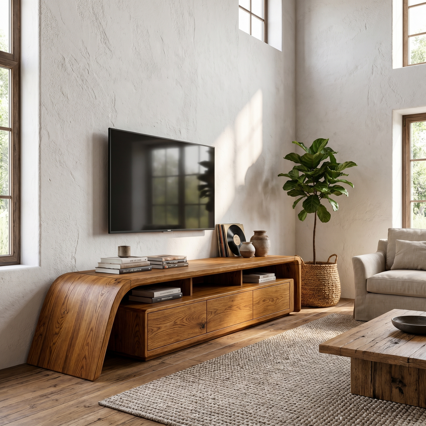 Modern TV Cabinet With Built In Storage And Rounded Curved Edges For Living Room