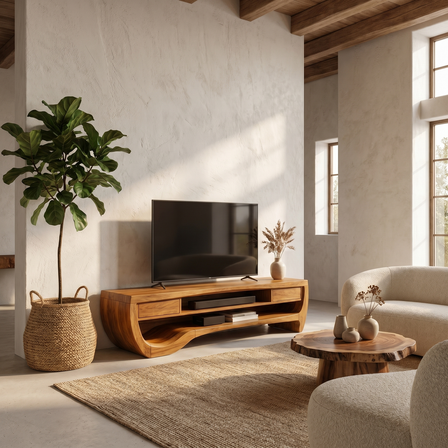 Organic TV Cabinet With Open Storage And Sculptural Curved Wood Design For Living Room