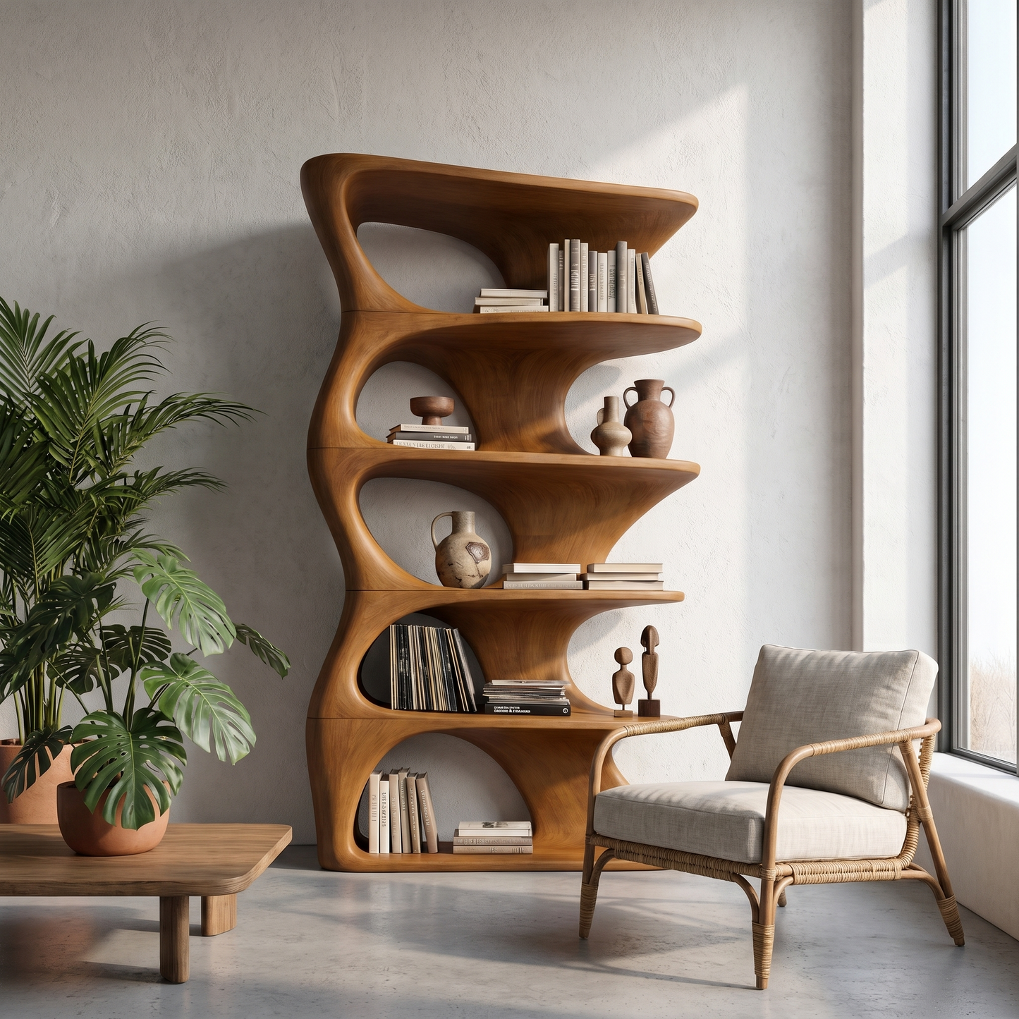 Organic Sculptural Wall Mounted Bookshelf With Curved Floating Shelves For Living Room