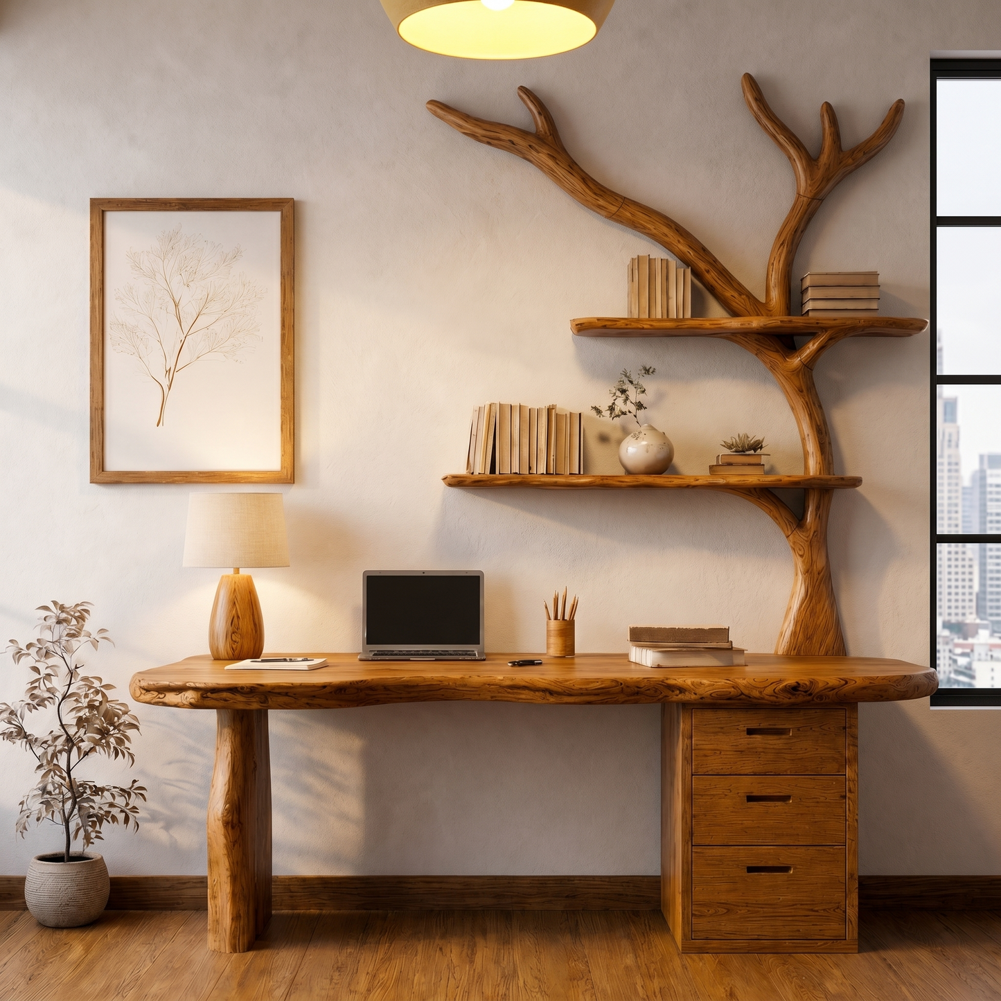 Organic Wooden Desk With Tree Branch Bookshelf And Built In Drawer Storage For Home Office And Workspace